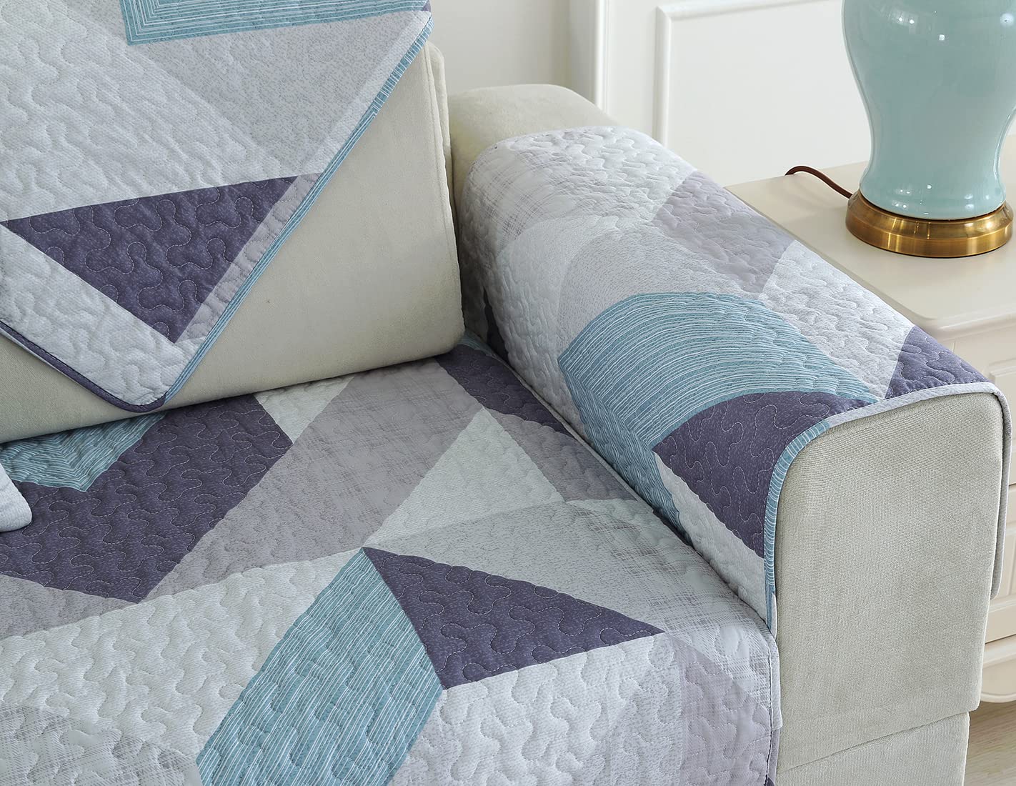 VCTOPS Quilted Cotton Sofa Couch Cover - Non-Slip Printed Sectional Slipcover for Pets, Dogs & Cats - Soft Protective Cover for Love Seat, Recliner & L-Shaped Couches (Triangle Pattern, 36