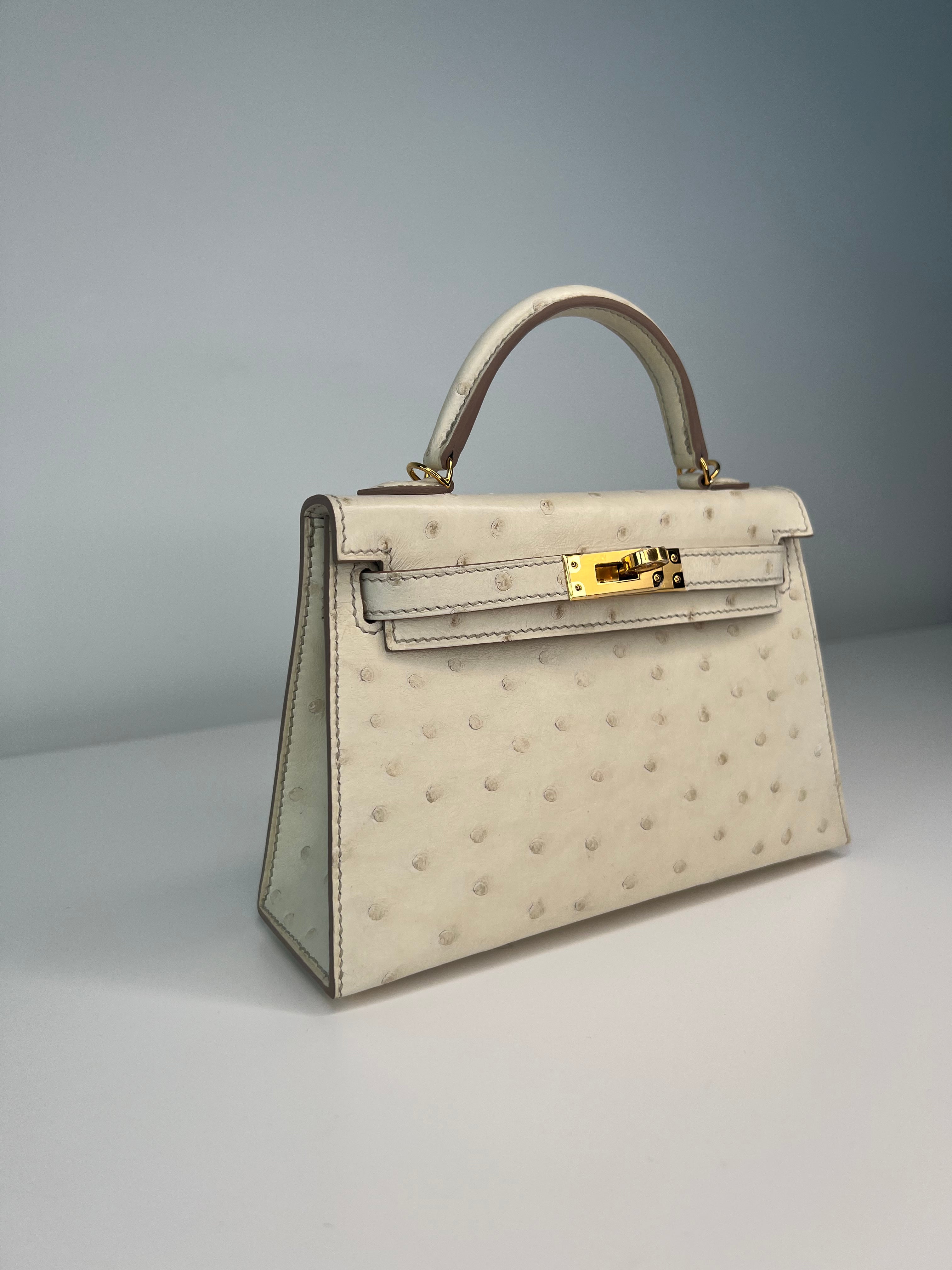 Hermes Kelly 20 Handbag in Beton Ostrich Leather with Gold Hardware - Luxury Crossbody Bag for Women, Perfect for Date Night & Special Occasions