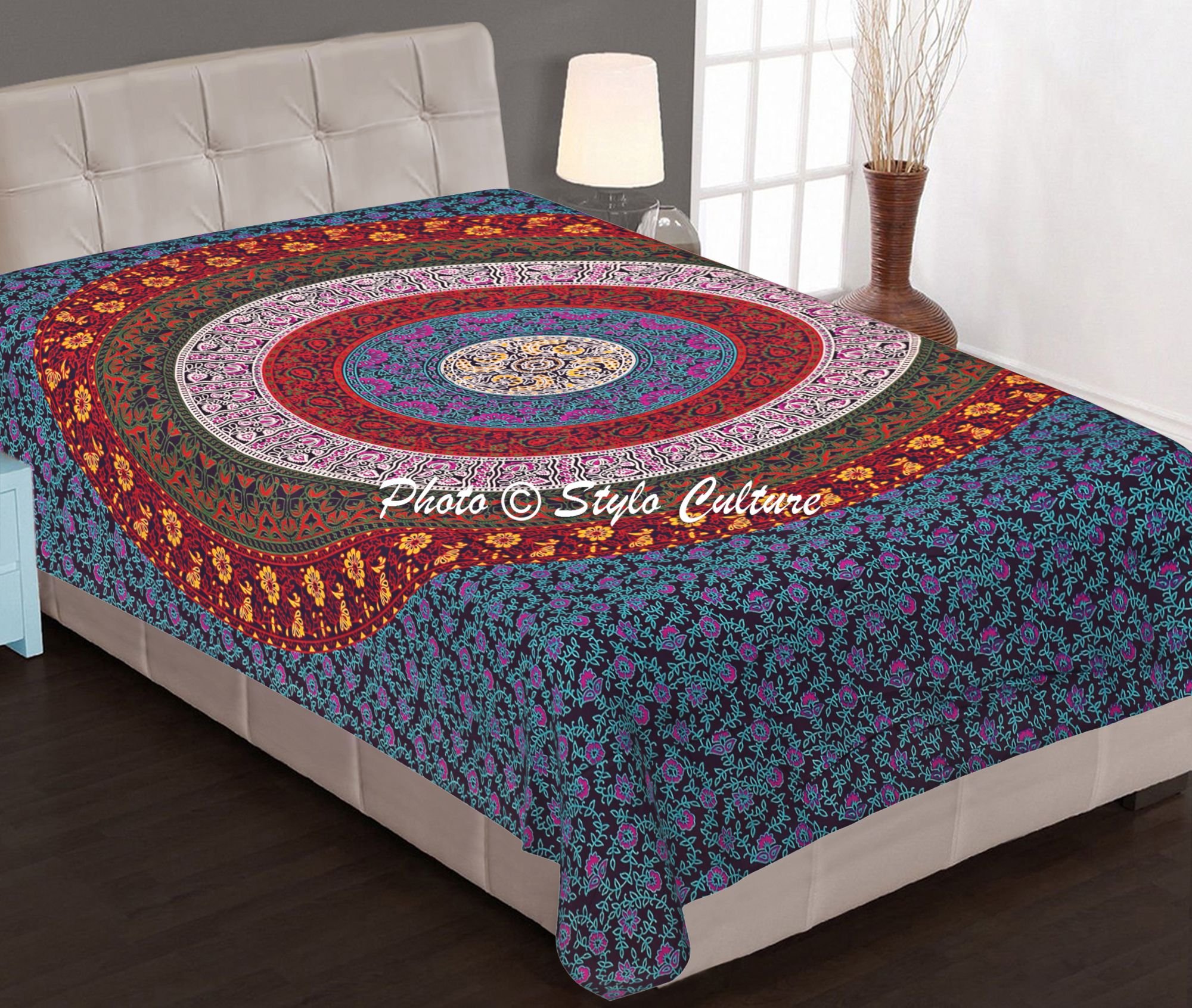 Bohemian Blue Leaves Mandala Wall Tapestry - Indian Yoga Meditation Decor, Printed Twin Size Wall Art for Bedroom & Living Room - Perfect for Meditation Spaces, Yoga Studios and Boho Home Decor