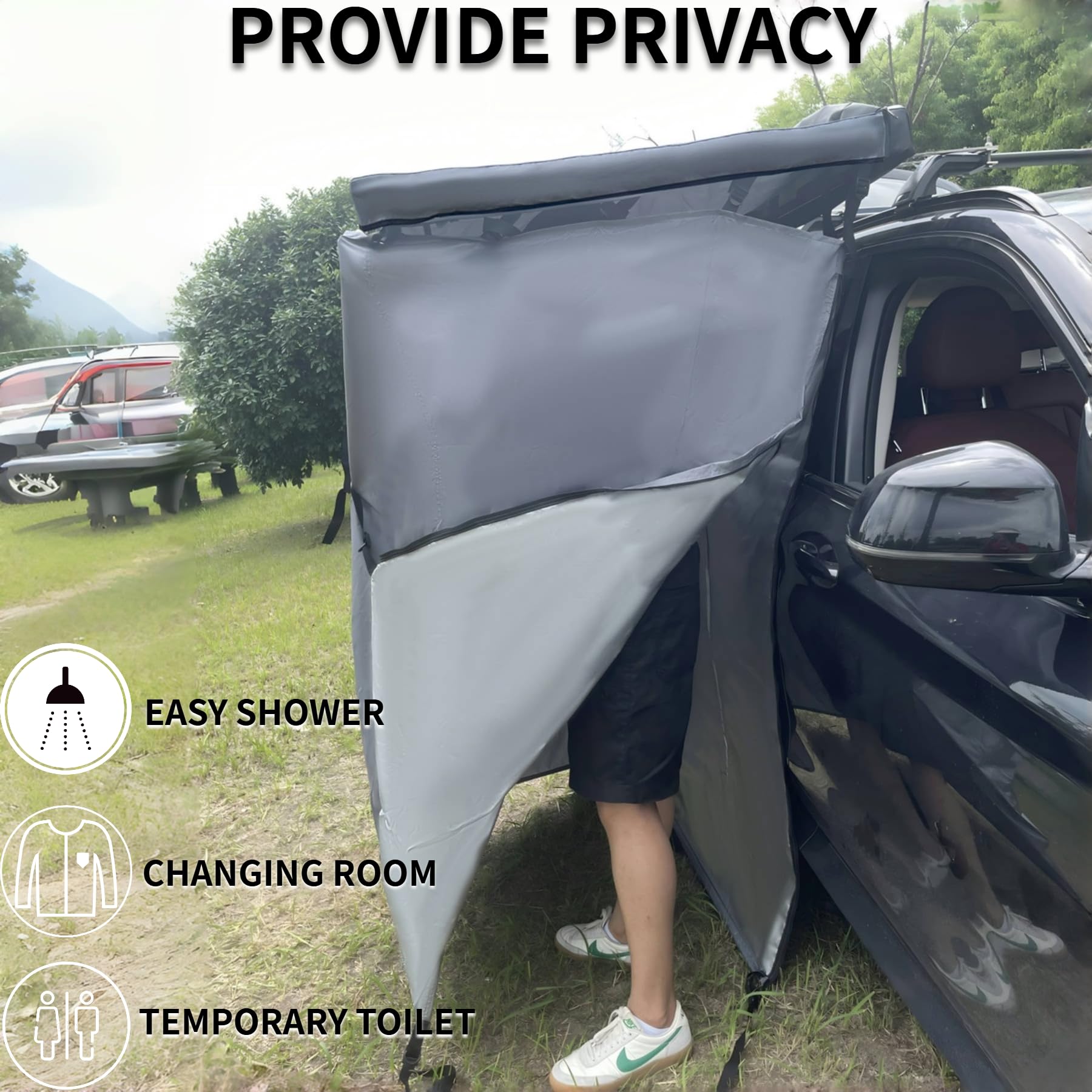 DANCHEL OUTDOOR Portable Car Shower Tent for Overland Camping - 3.3x3.3ft Waterproof Privacy Shower Awning with LED Light & 4 Enclosures | Changing Room for Beach, Off-Road & RV Trips | Gray Camping Shower Shelter for Outdoor Adventures