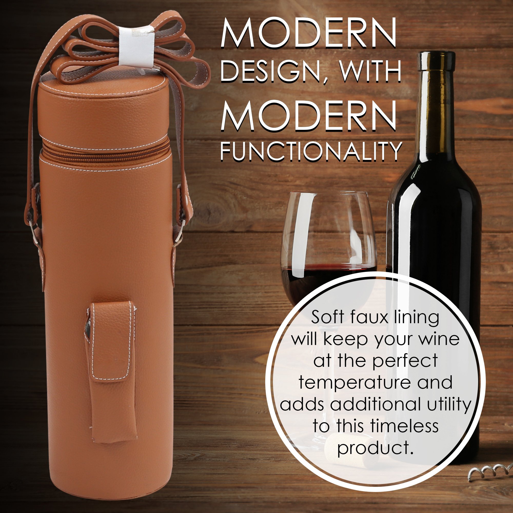 Premium Genuine Leather Wine Tote Bag - Insulated Travel Carrier with Shoulder Strap & Built-in Corkscrew - Elegant Brown Gift for Wine Lovers (Perfect for Picnics, Parties & Wine Tasting Events)