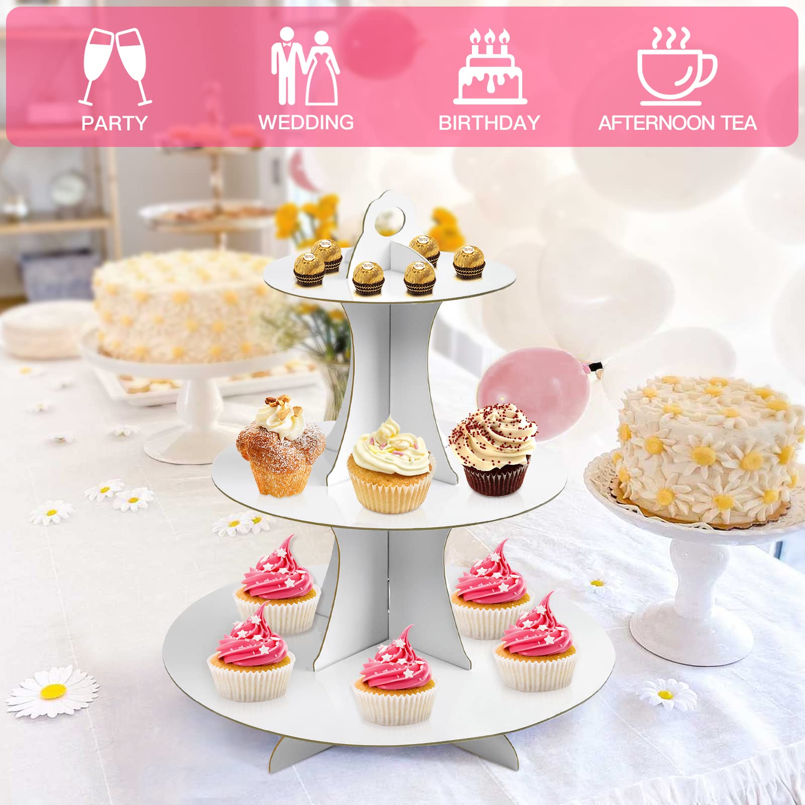 Soleebee 3-Tier Round Cupcake Stand - White Cardboard Dessert Tower for Birthday, Wedding & Party Decorations - 2-Pack Cupcake Display Stand for Cakes, Pastries & Treats - Perfect for Events, Catering & Home Baking