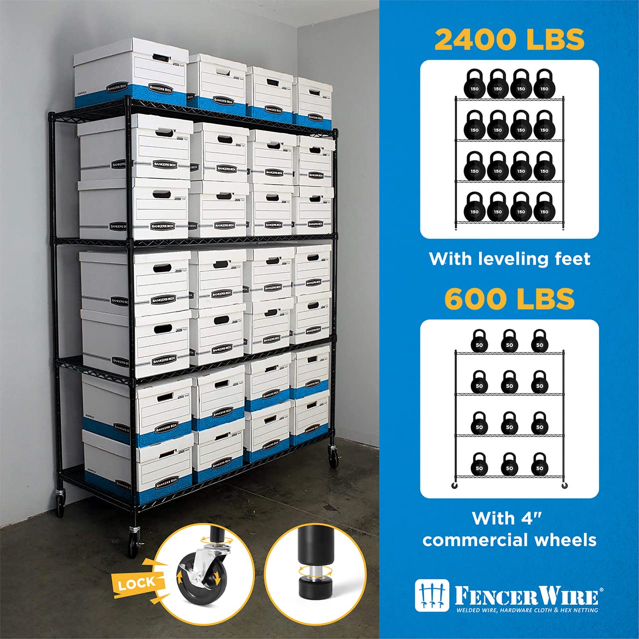 Heavy Duty 4-Tier Adjustable Wire Shelving with Casters & Leveling Feet - Commercial Grade Steel Storage Rack for Garage, Warehouse, Pantry & Utility Organization - Black Metal Shelf