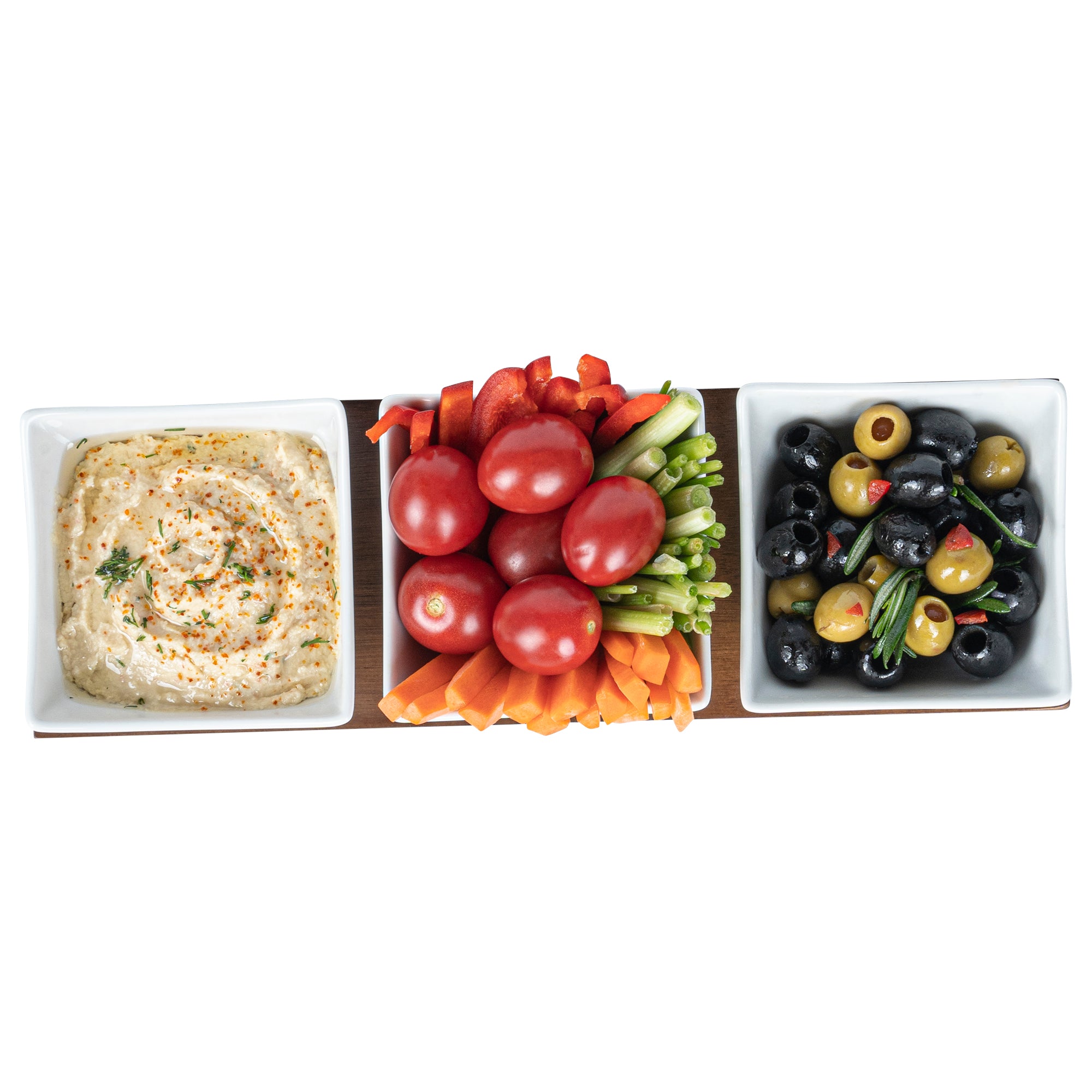 15 oz White Porcelain Cocktail Bowl Set with Bamboo Tray - 3 Rectangle Bowls (12x4x2.5 Inches) for Appetizers, Sushi & Party Snacks - Premium Dinnerware for Home & Restaurant Use