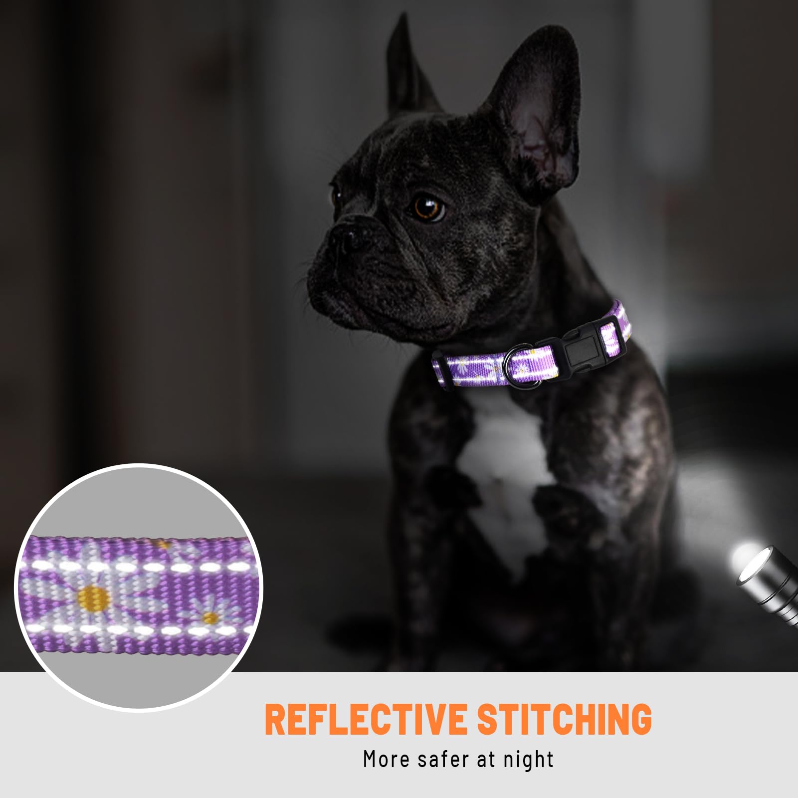 Cute Flower Dog Collar with Reflective Strip - Adjustable Pet Collar for Small Medium Large Dogs - Perfect for Walking, Running & Night Safety (Large, Purple) - Ideal for Daily Walks, Jogging & Outdoor Adventures
