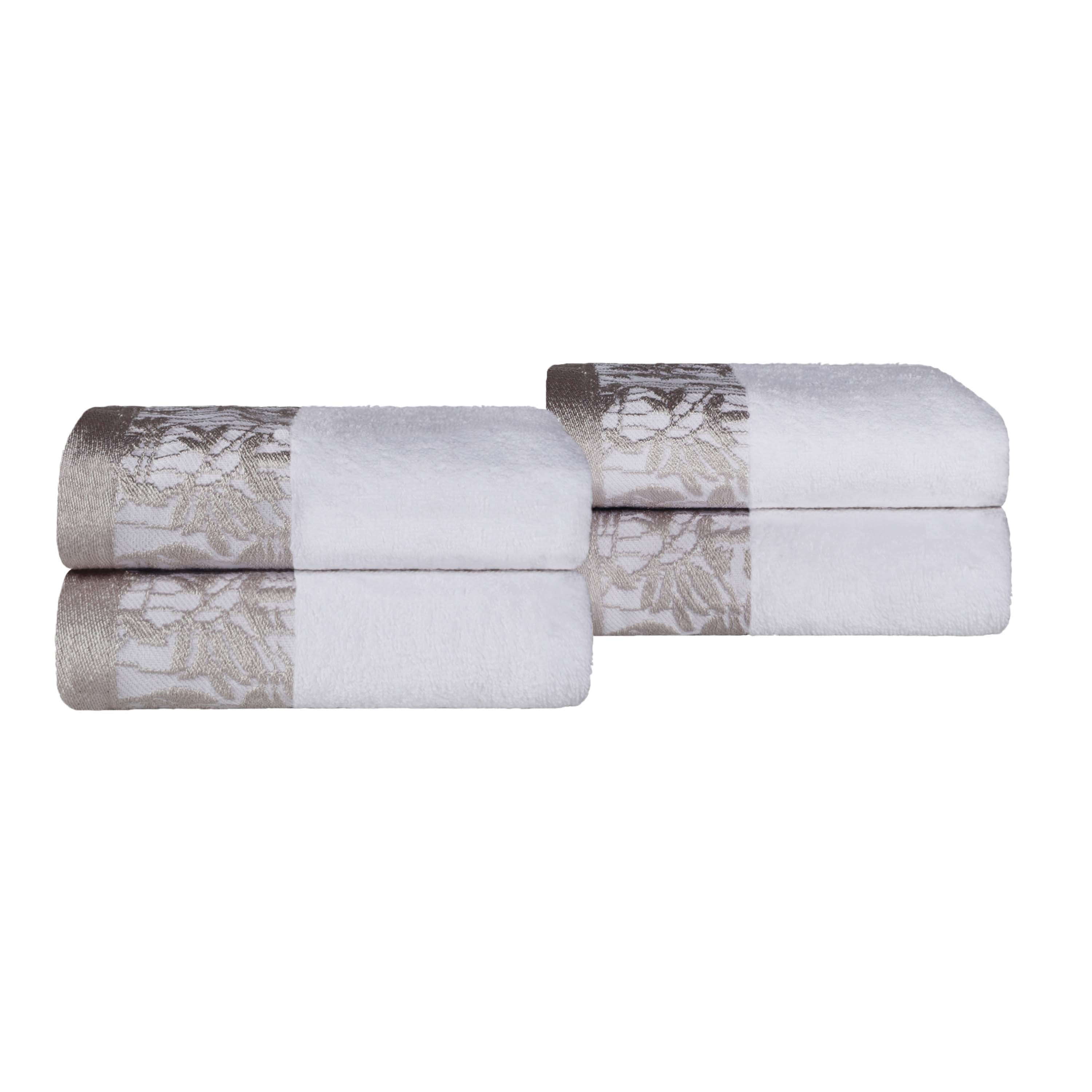 Premium Wisteria Cotton Floral Embroidered Jacquard Border Hand Towels - Set of 4 | Soft Absorbent Bathroom & Kitchen Towels for Guest Bath, Powder Room, and Luxury Home Decor