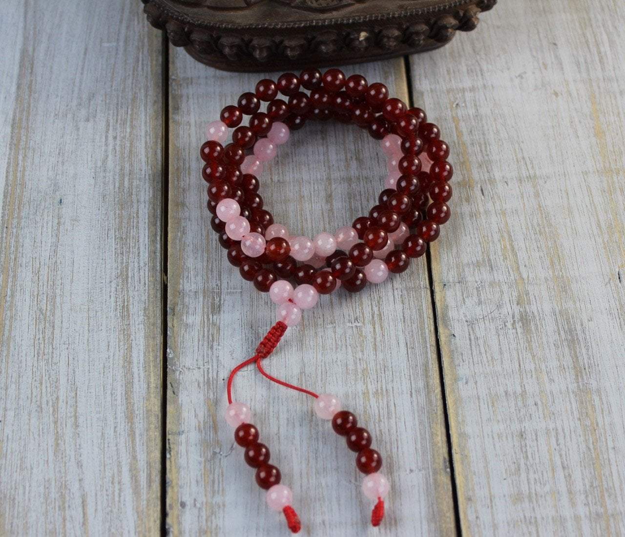 Heart of Peace Carnelian and Rose Quartz Mala Beads - Natural Stone Meditation Necklace for Stress Relief, Yoga & Spiritual Healing