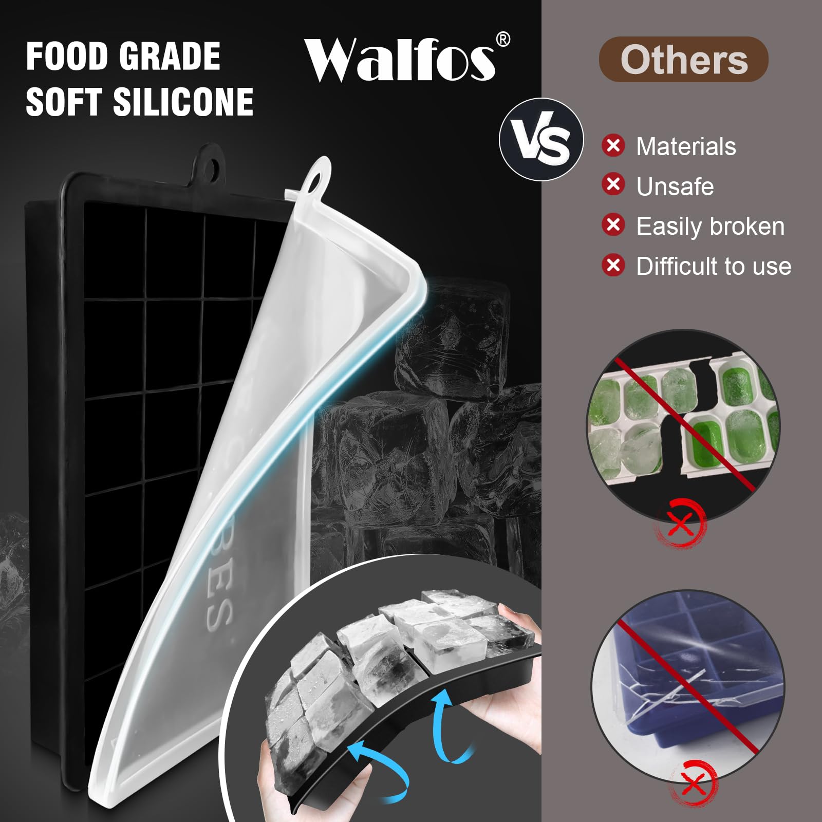Walfos 3-Pack Silicone Ice Cube Tray Set with Storage Bin & Lid - Easy Release Square Ice Molds for Freezer - Perfect for Cocktails, Iced Coffee, Whiskey & Cold Drinks - Includes Ice Tongs for Home Bars & Parties