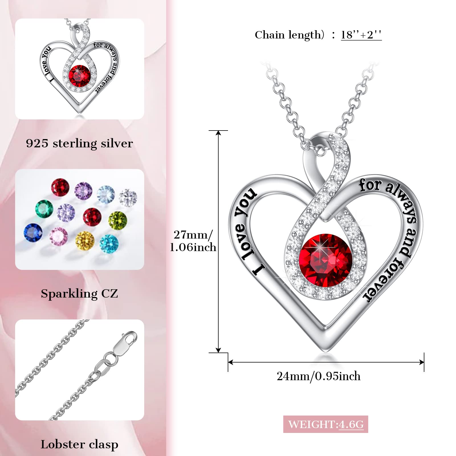 925 Sterling Silver Infinity Heart Birthstone Necklace for Women - Personalized I Love You Always Pendant, Anniversary & Birthday Gift for Her, Girlfriend, Wife | Perfect for Romantic Occasions & Special Moments