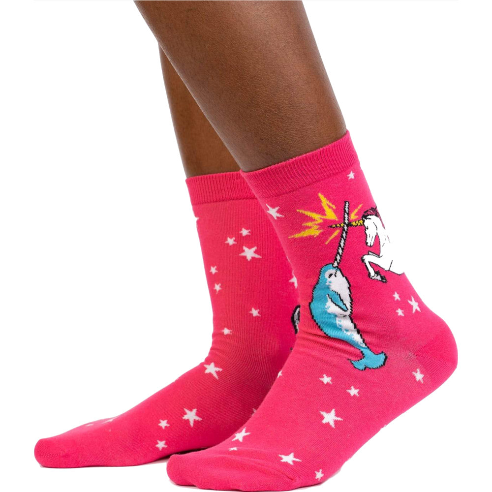 Sock It To Me Women's Crew Socks - Unicorn vs Narwhal Design | Fun Novelty Socks for Women | Perfect for Casual Wear, Gift Giving & Cosplay Outfits