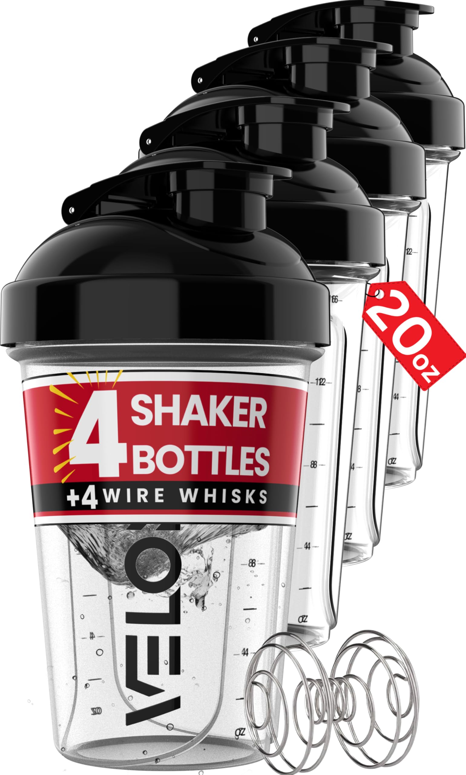 4 Pack 20oz Protein Shaker Bottles - Leak Proof Gym Water Bottles for Protein Powder & Pre Workout - BPA Free Transparent Shaker Cups with Mixing Ball - Perfect for Bodybuilding, Fitness & Post Workout Recovery