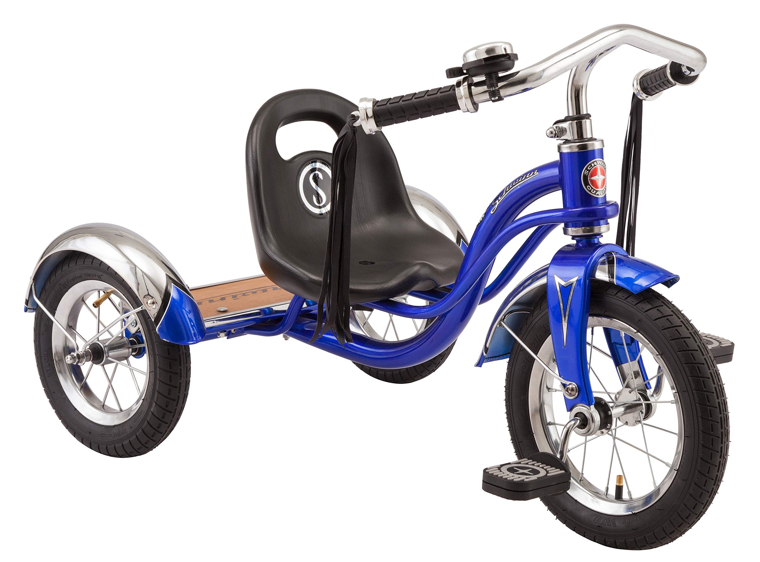 Schwinn Roadster Classic Tricycle for Toddlers & Kids Ages 2-4 - Steel Frame, Wooden Rear Deck, Bell & Tassels - Blue Ride-On Toy for Boys & Girls - Perfect for Outdoor Play, Backyard Fun & Learning to Ride