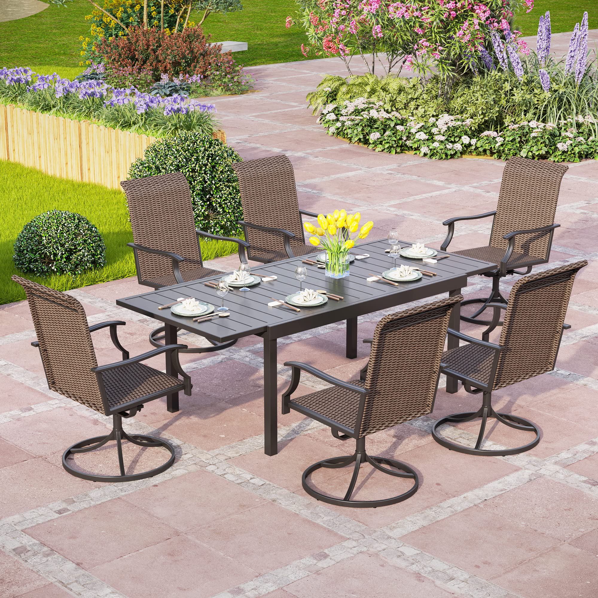 PHI VILLA 7-Piece Outdoor Wicker Dining Set - Expandable Rattan Patio Table with Swivel Chairs - Perfect for Garden, Poolside & Backyard Entertaining (7-Piece Bistro Furniture Set)