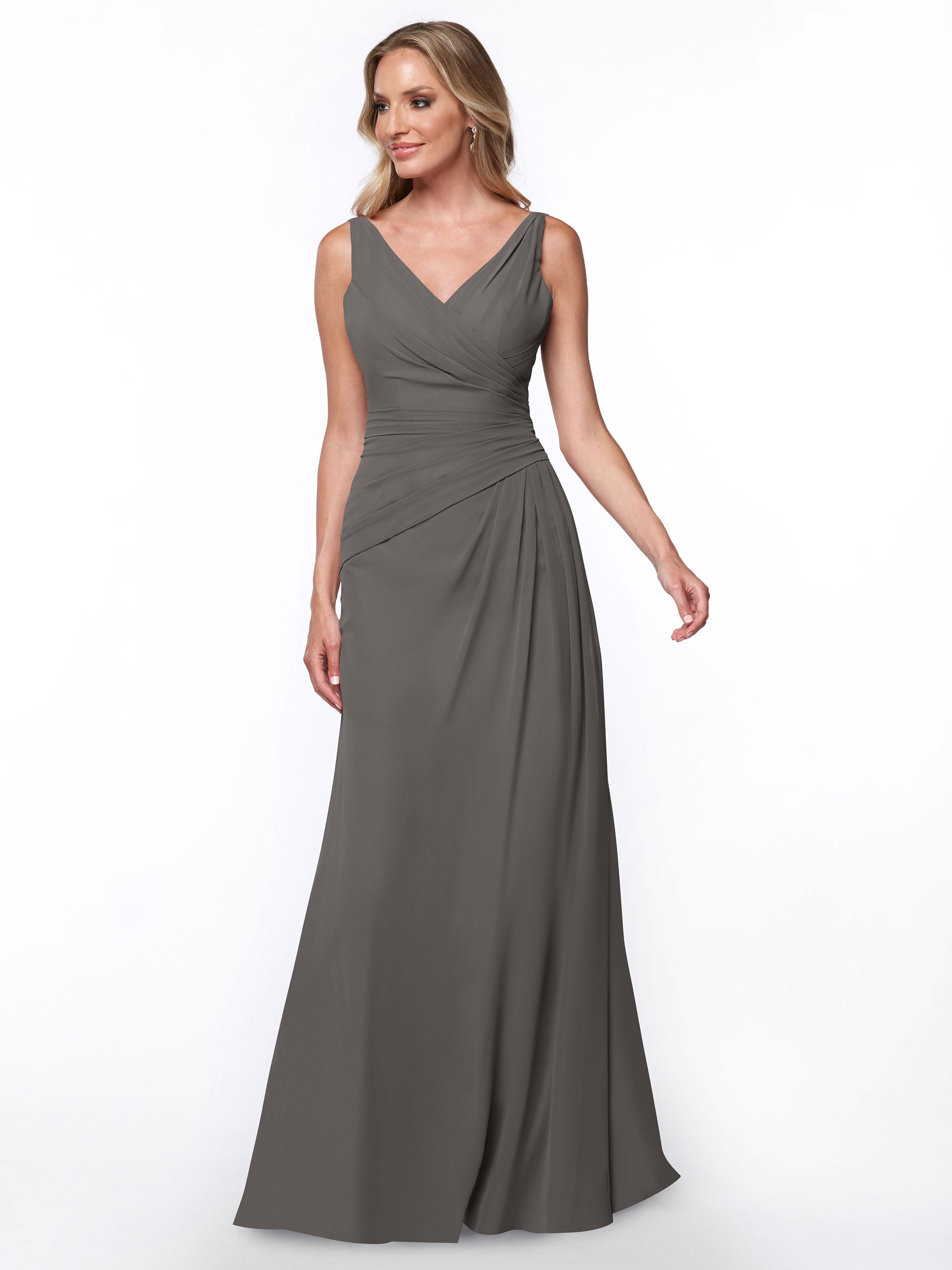 Elegant 80030 Chiffon Sheath Bridesmaid Dress with Ruching V-Neck Bodice - Perfect for Weddings, Formal Events & Special Occasions
