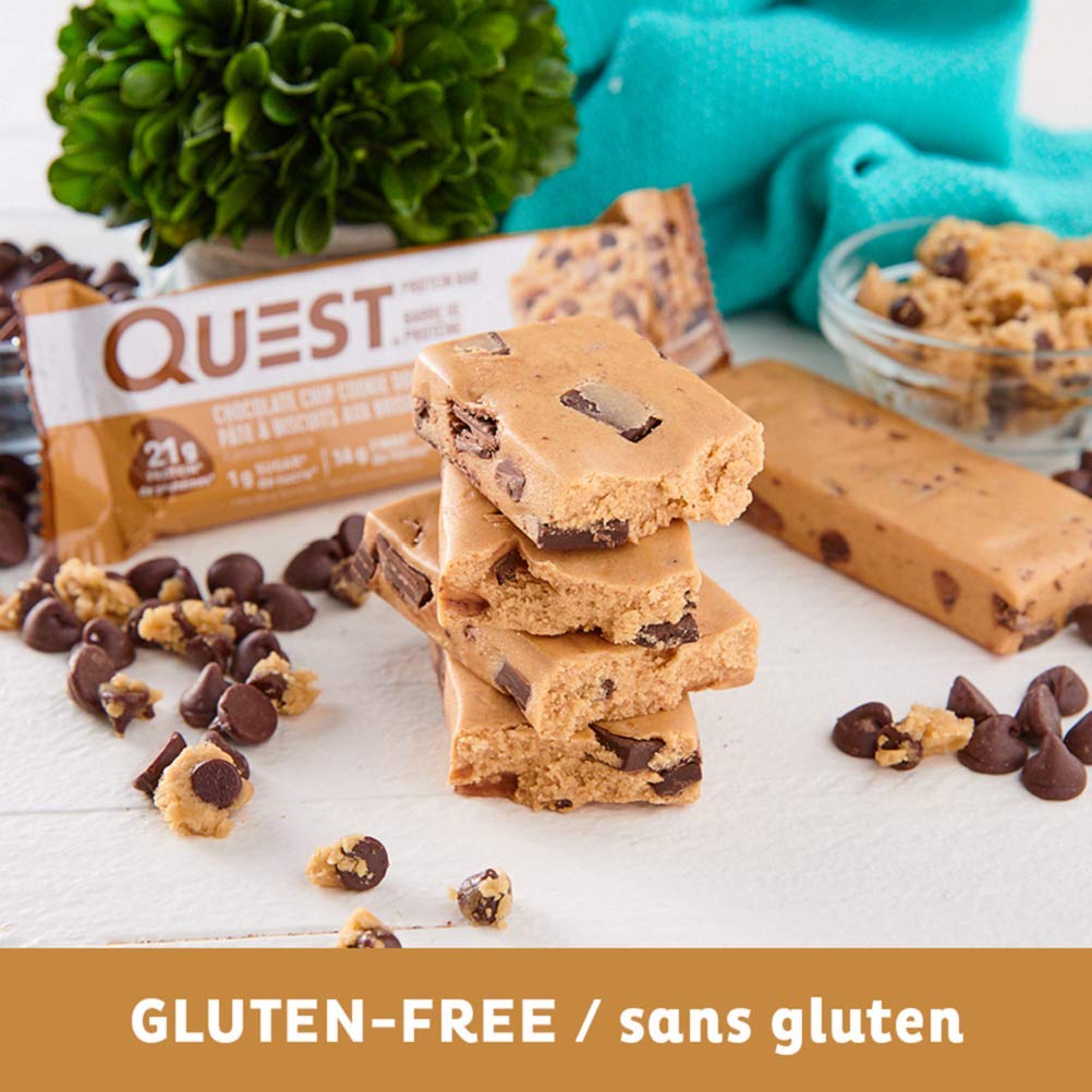 Quest Nutrition Protein Bar - Chocolate Chip Cookie Dough Flavor | 21g Protein, 1g Sugar, Keto Friendly, High Fiber | Perfect for Post-Workout Recovery & Healthy Snacking (12 Count)
