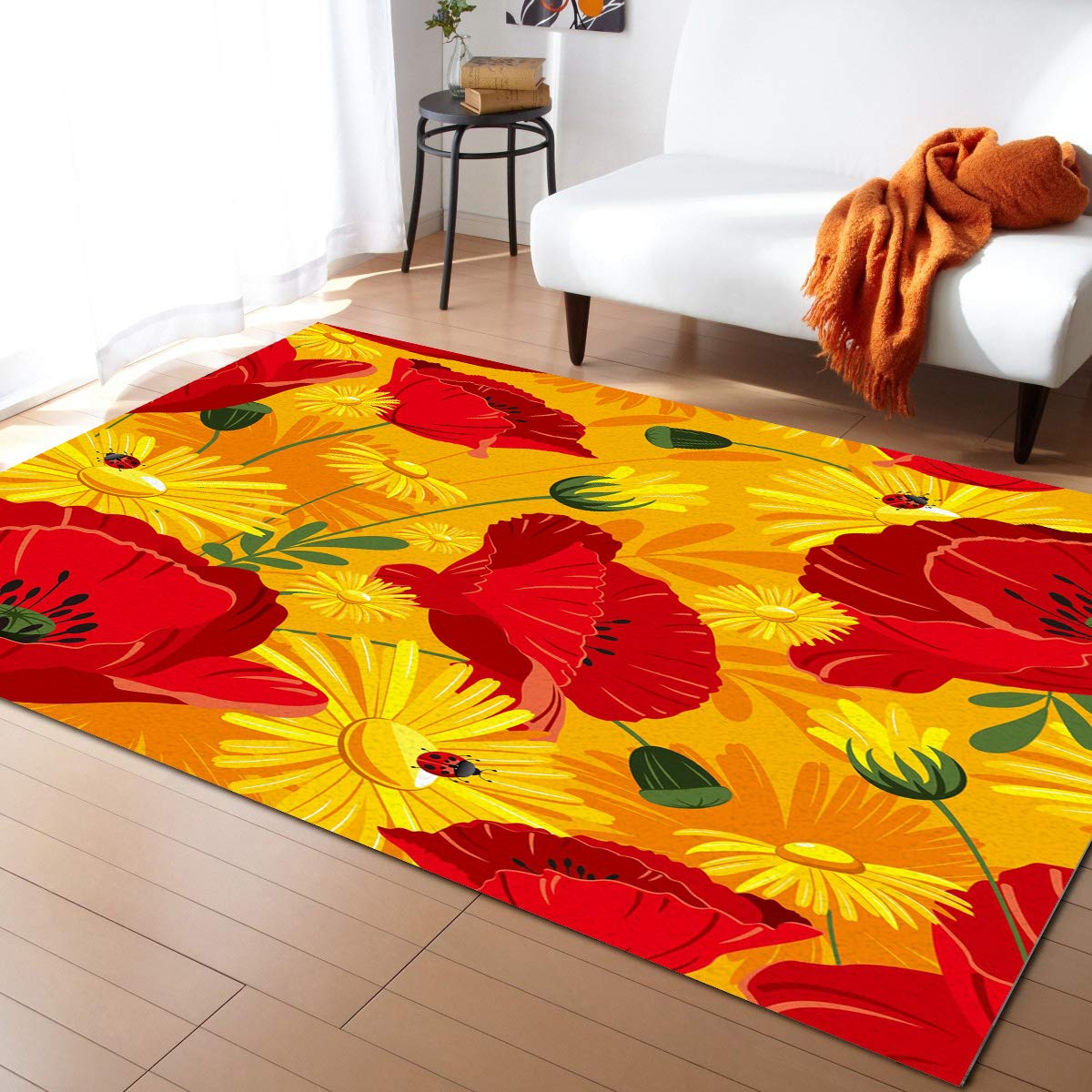 LBDecor 5x8ft Large Non-Slip Area Rug - Poppy Flower Design for Living Room, Bedroom, Hallway | Indoor/Outdoor Decor in Red, Yellow, Orange | Perfect for Home, Nursery, Office & High Traffic Areas