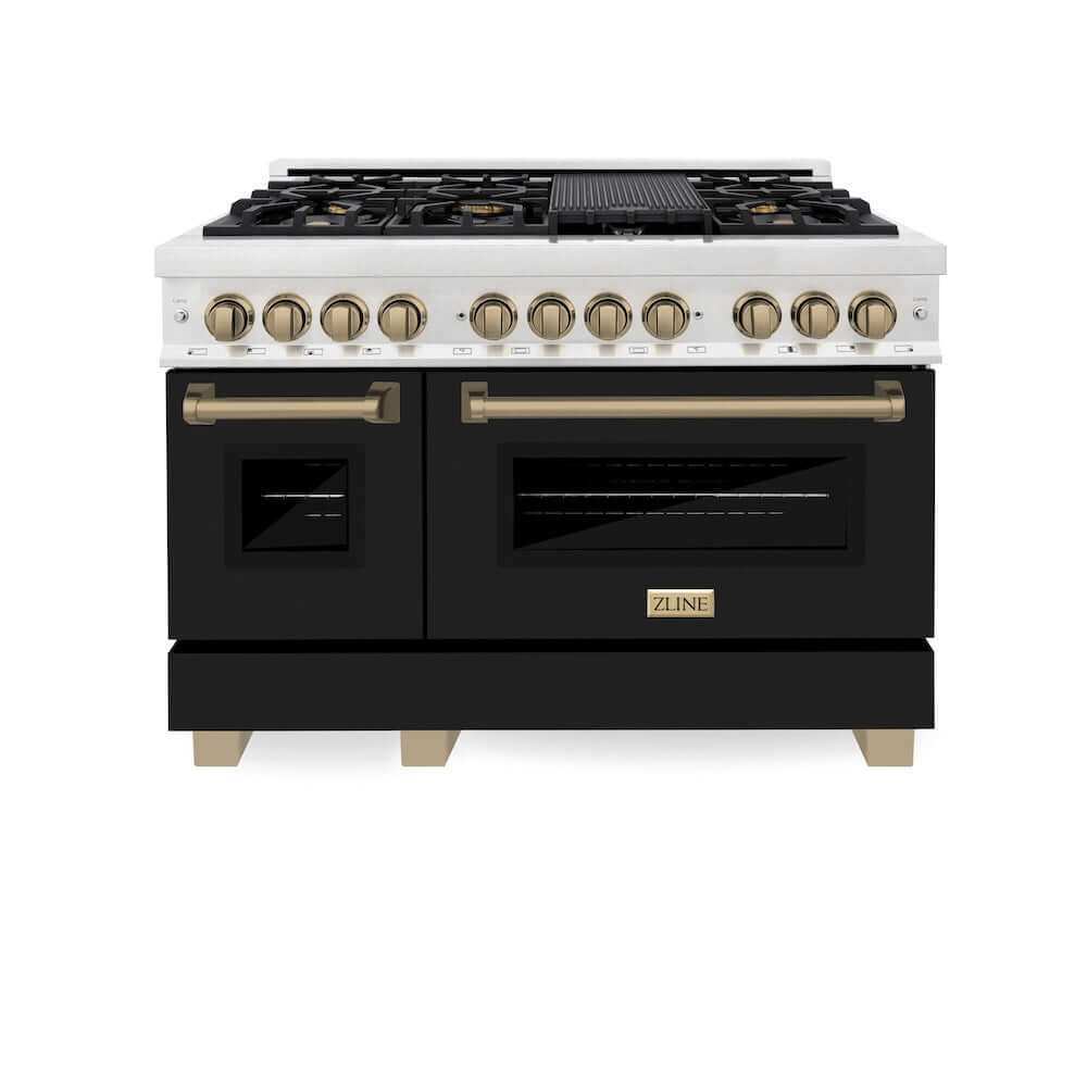 ZLINE Autograph Edition 48-inch 6.0 cu. ft. Dual Fuel Range with 7-Burner Gas Cooktop & 2 Electric Ovens - Satin Stainless Steel, Black Matte Doors & Champagne Bronze Accents (RASZ BLM 48 CB) | Professional Kitchen Appliance for Home Chefs & Cooking Enthusiasts