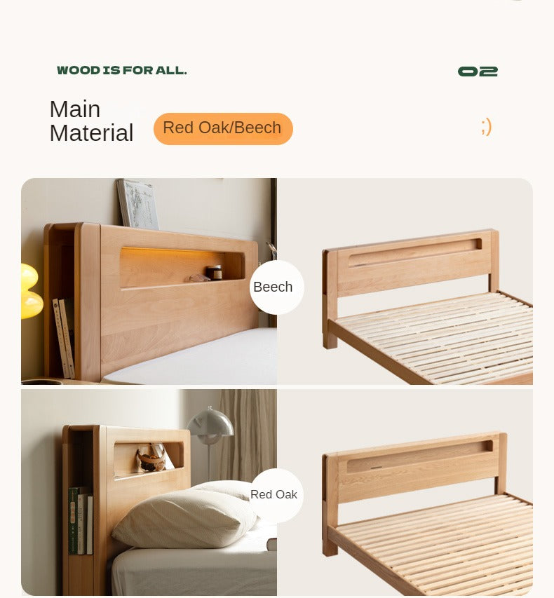 Solid Oak and Beech Wood Bed with Built-in LED Lights and Bookshelf - Modern Bedroom Furniture for Small Spaces, Lofts, and Studio Apartments