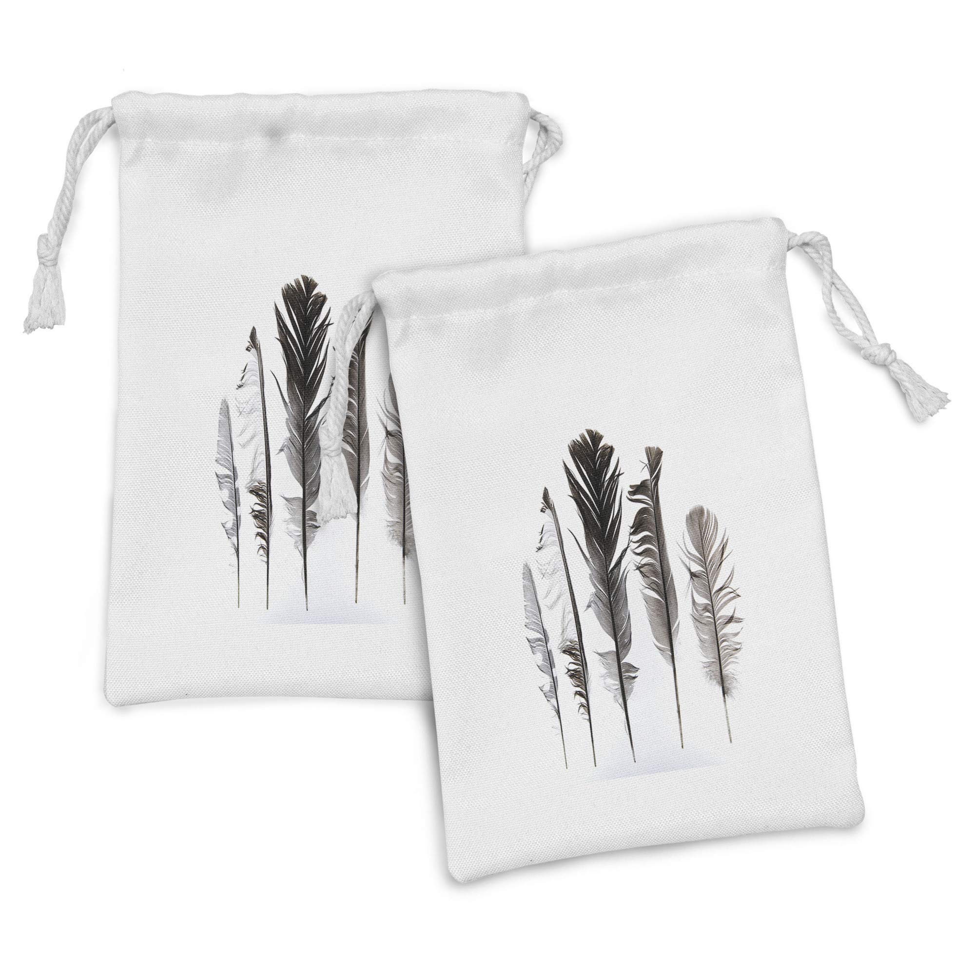 Ambesonne 2-Pack Feather Print Drawstring Pouch Set - Small 9