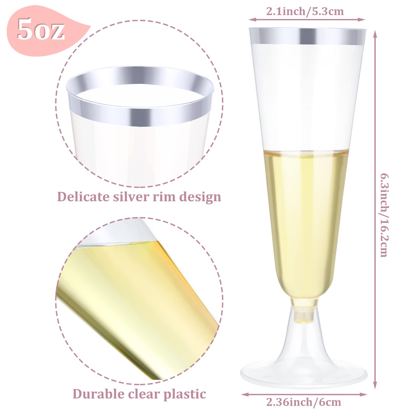 200 Pack Disposable 5 Oz Plastic Champagne Flutes - Silver Wedding Party Cups for Toasting, Cocktails & Celebrations | Elegant & Shatterproof Drinkware for Weddings, Receptions, Bridal Showers & Special Events
