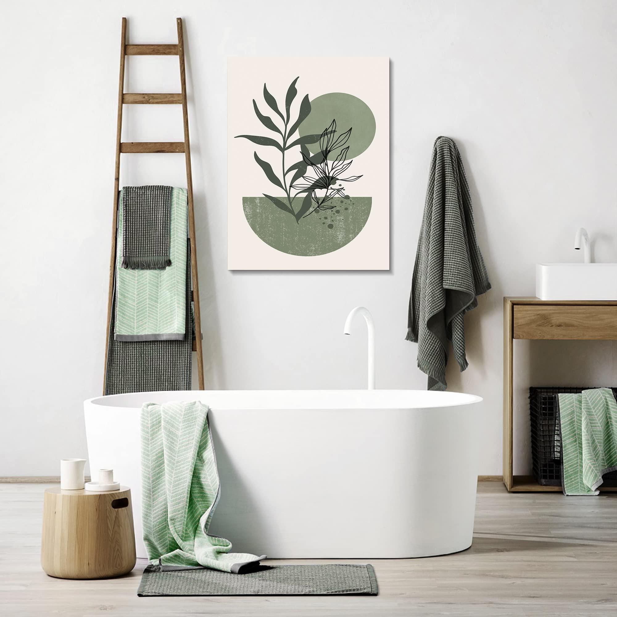 Sage Green Wall Posters & Prints - Set of 3 Boho Minimalist Framed Wall Art with Geometric Line, Leaf, Sun & Moon Designs on Beige Green Canvas Paintings | Perfect for Living Room, Bedroom & Office Decor