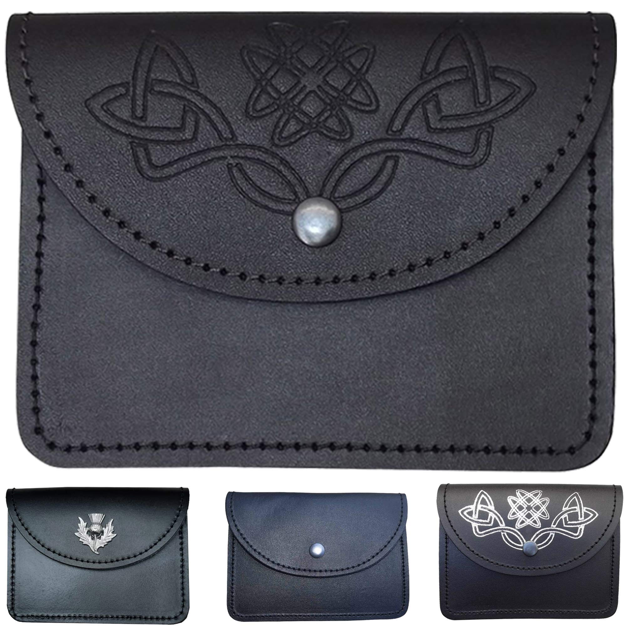 Scottish Leather Pouch for Men - Highland Kilt Belt Bag in Black | Multi-Design Utility Pouch for Pipers & Drummers | Perfect for Celtic Festivals, Renaissance Fairs & Highland Games