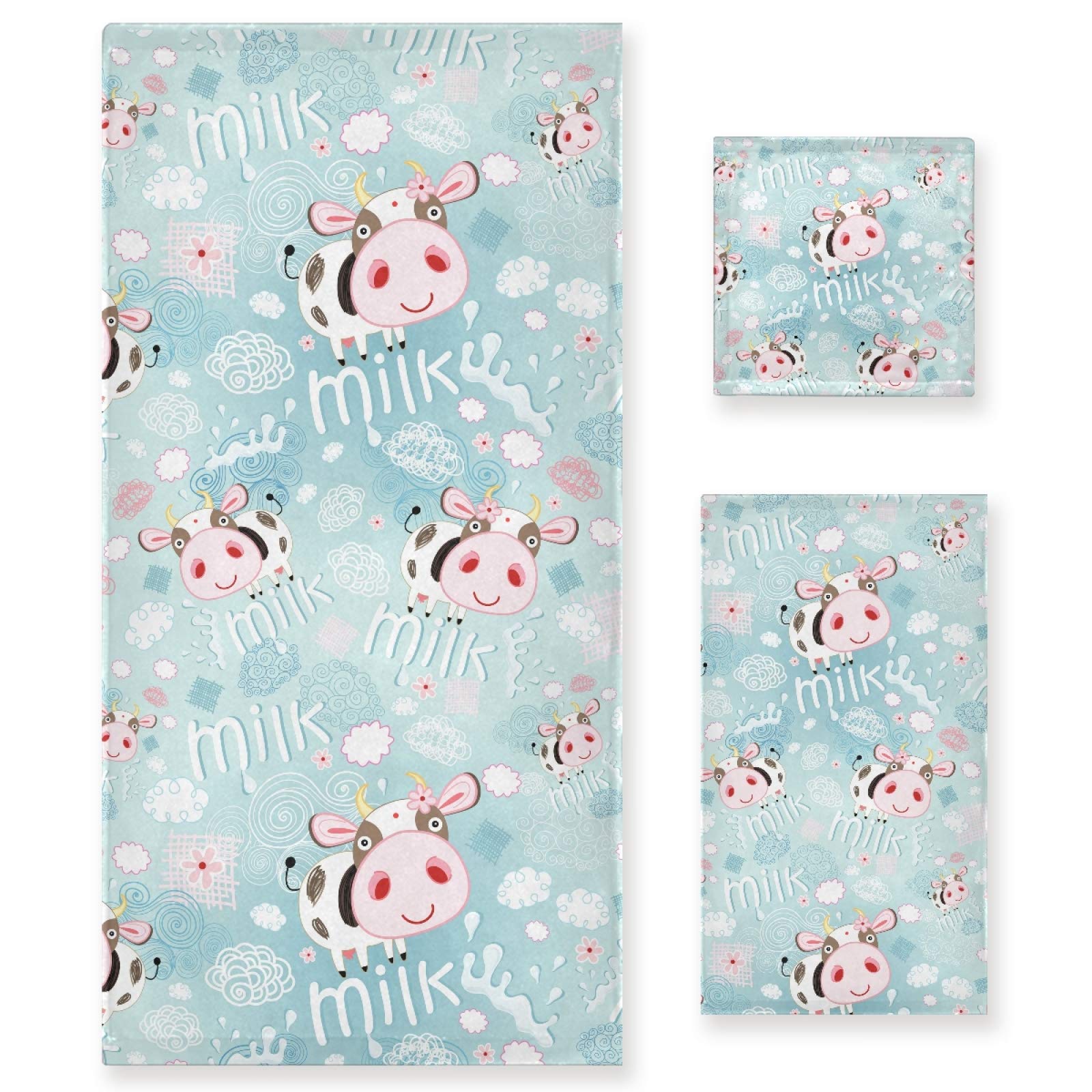 ALAZA Soft Luxury Farm Cow & Milk Bath Towel Set - 1 Bath Towel, 1 Hand Towel, 1 Washcloth - Decorative 3-Piece Towel Set for Bathroom, Kitchen, Spa & Beach Use