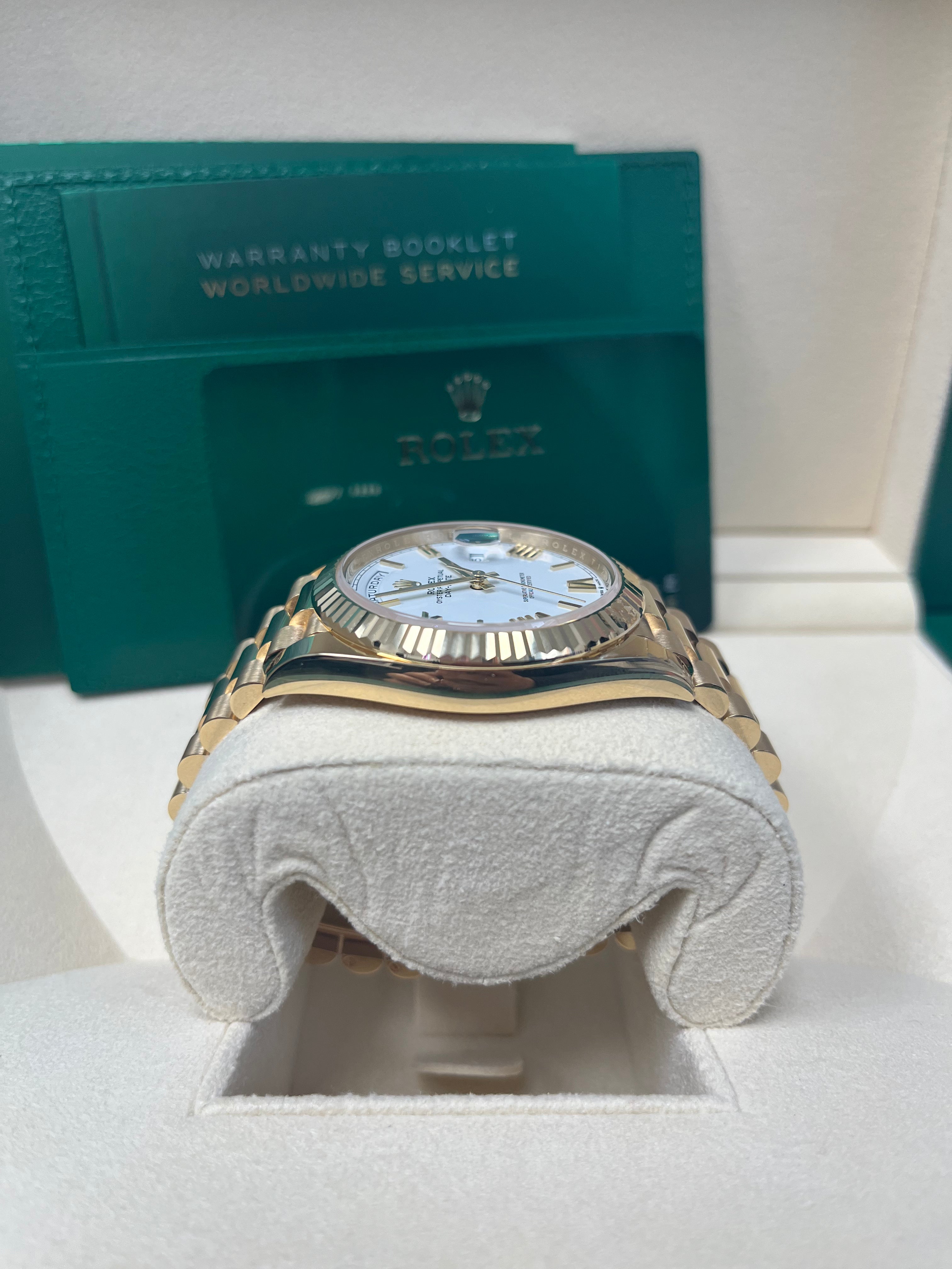 Rolex Day Date 40mm Men's Watch - 18K Yellow Gold, White Roman Dial, Fluted Bezel (Ref# 228238) | Luxury Dress Watch for Business & Formal Occasions