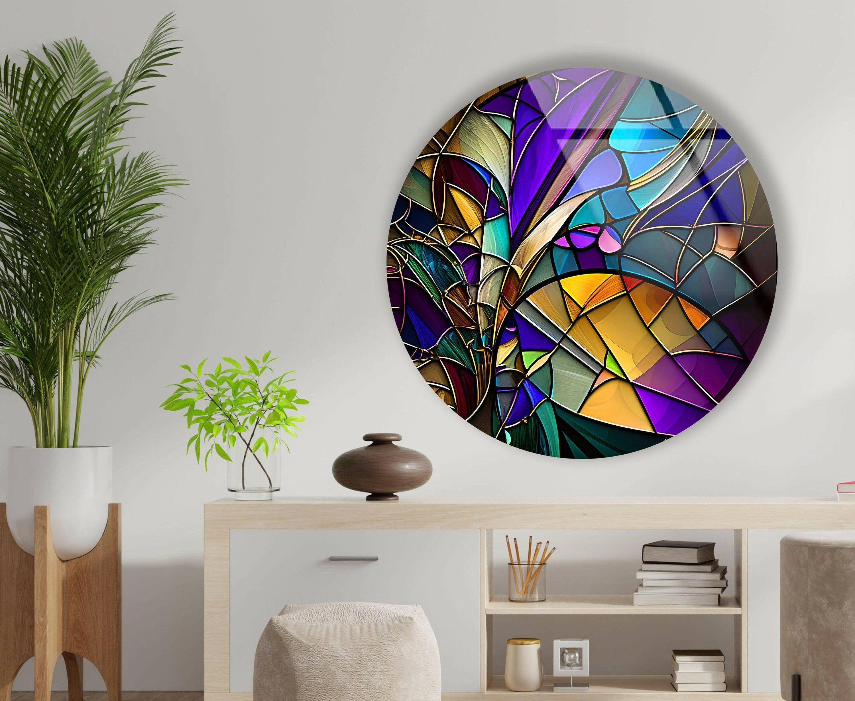 Vibrant Stained Glass Round Wall Art Decor - Handcrafted Mosaic Glass Window Hanging for Home, Church, or Garden Decoration