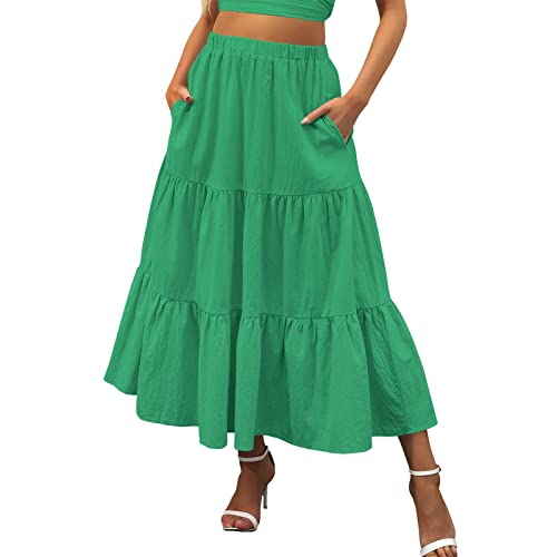 Boho Summer Women's Elastic Waist Pleated A-Line Flowy Swing Tiered Long Beach Skirt Dress with Pockets - Green XL | Casual Outfit for Beach Vacation, Music Festival & Boho Fashion