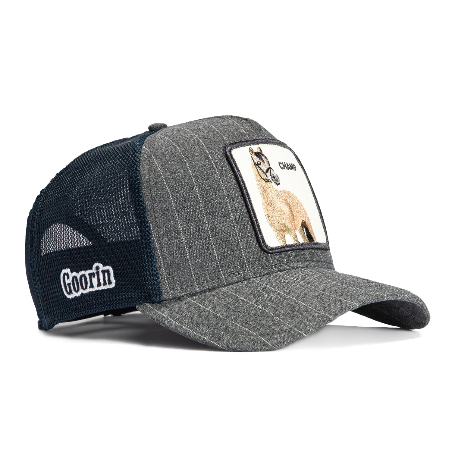 Goorin Bros Suited Champ Adjustable Trucker Snapback Hat - Graphite Pinstripe & Navy | Stylish Baseball Cap for Men, Casual & Outdoor Wear