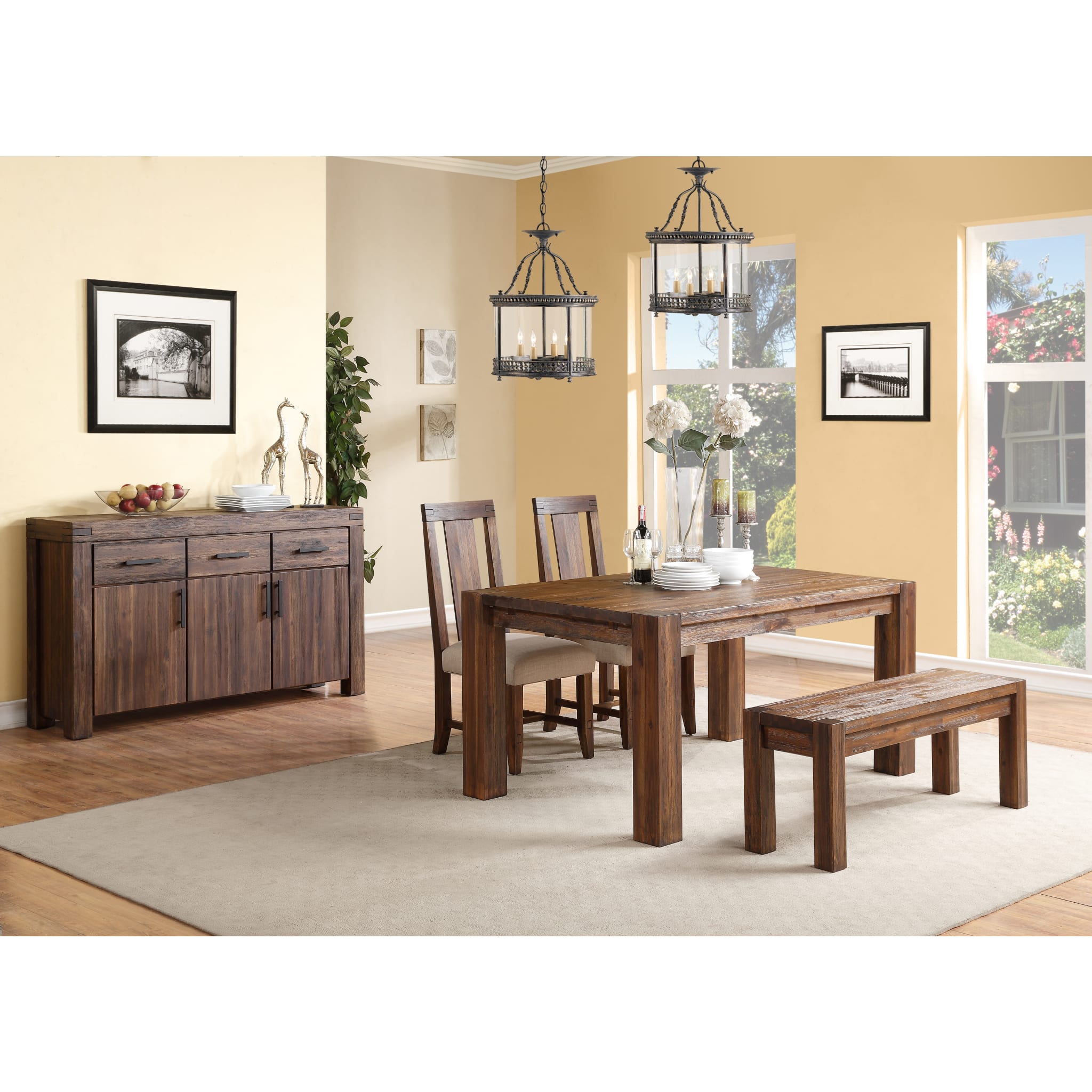 Solid Wood Extending Dining Table - Brick Brown Finish - Expandable Farmhouse Style Table for Family Gatherings & Dinner Parties