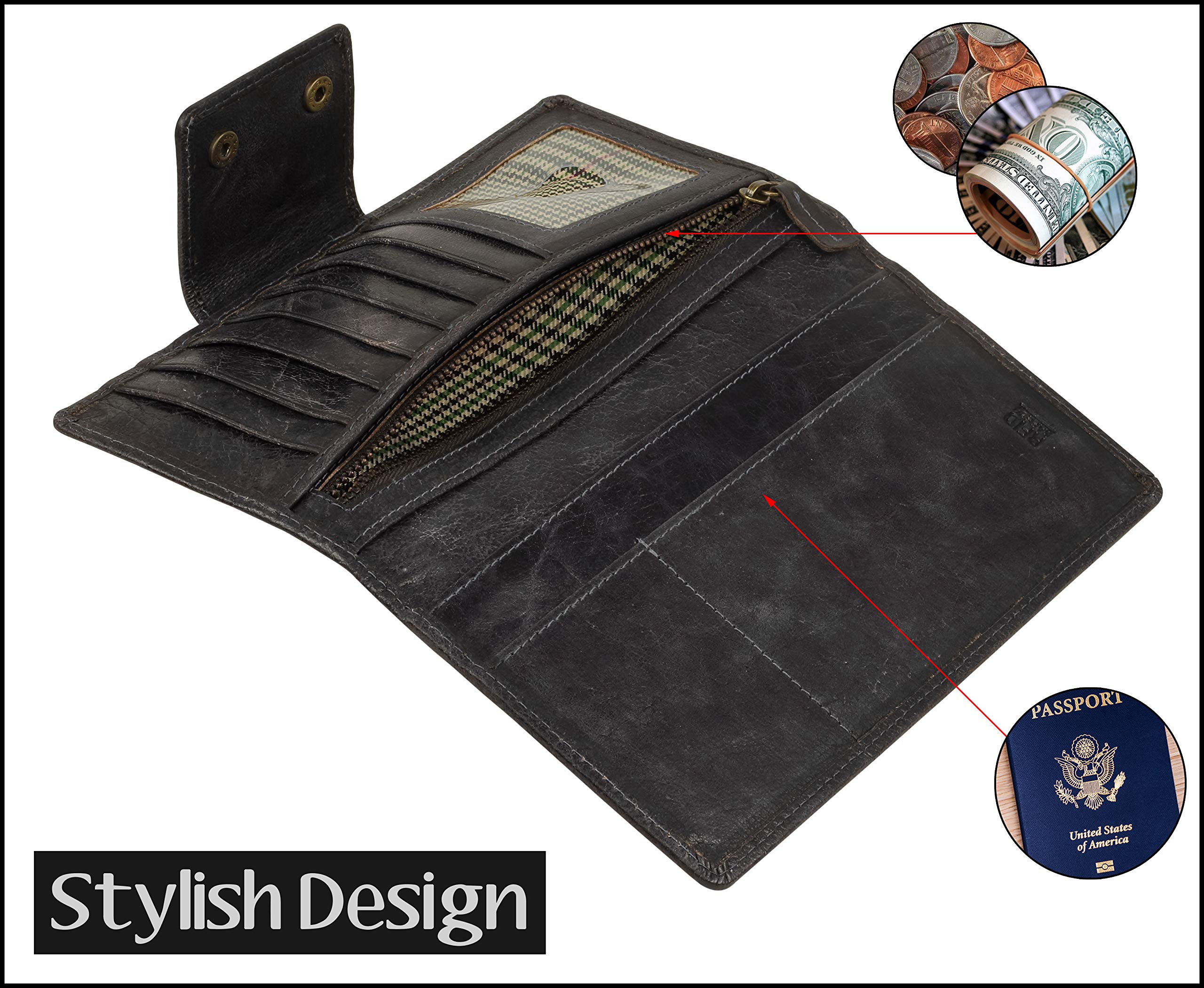 Premium Genuine Leather RFID Blocking Long Wallet – Vintage Bifold Wallet for Men by Mou Meraki (Charcoal) | Slim & Secure Cash Holder for Travel, Business & Everyday Use