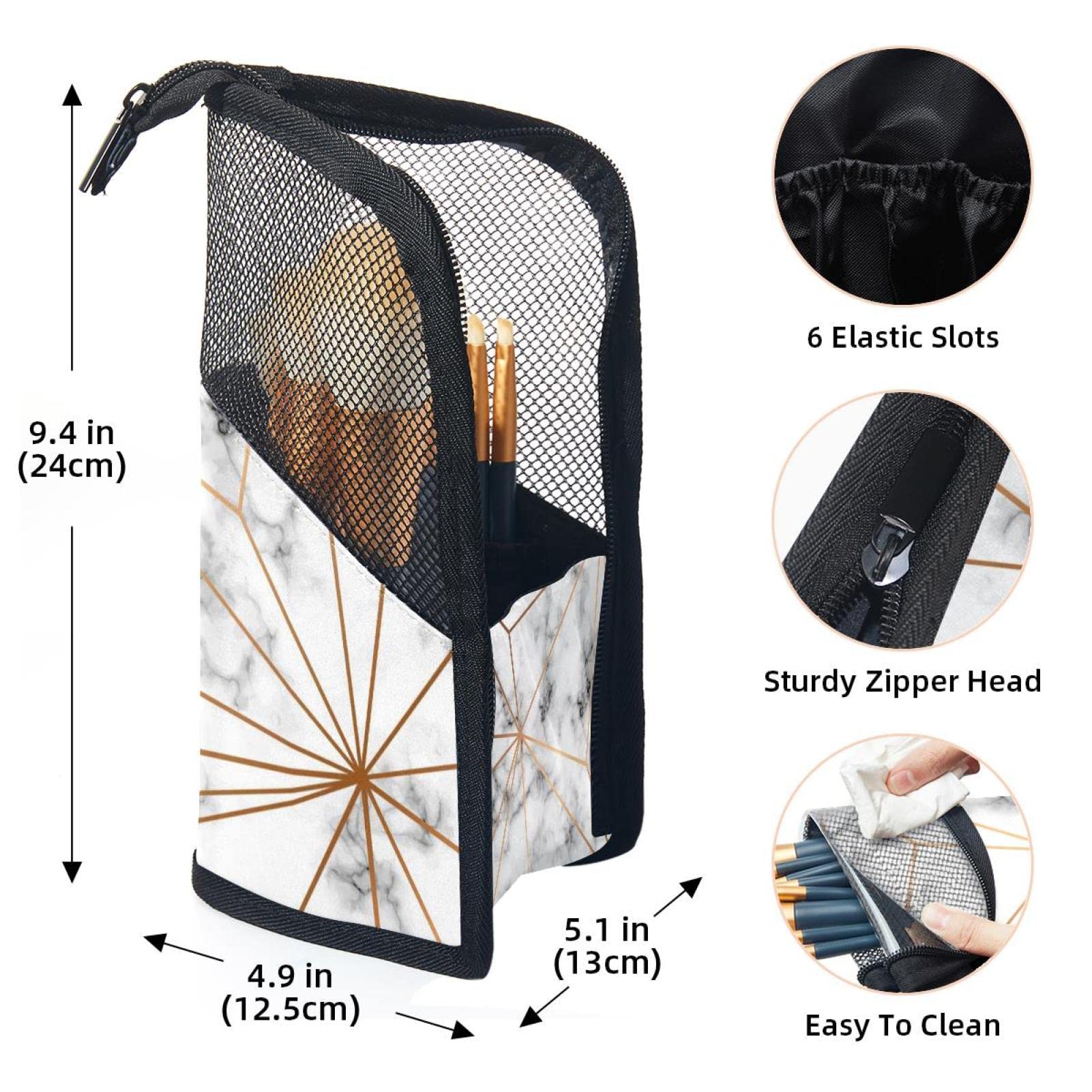 **12-Piece Makeup Brush Organizer Bag with Marble Golden Geometric Design - Portable Cosmetic Brush Holder Case for Travel & Home Storage**