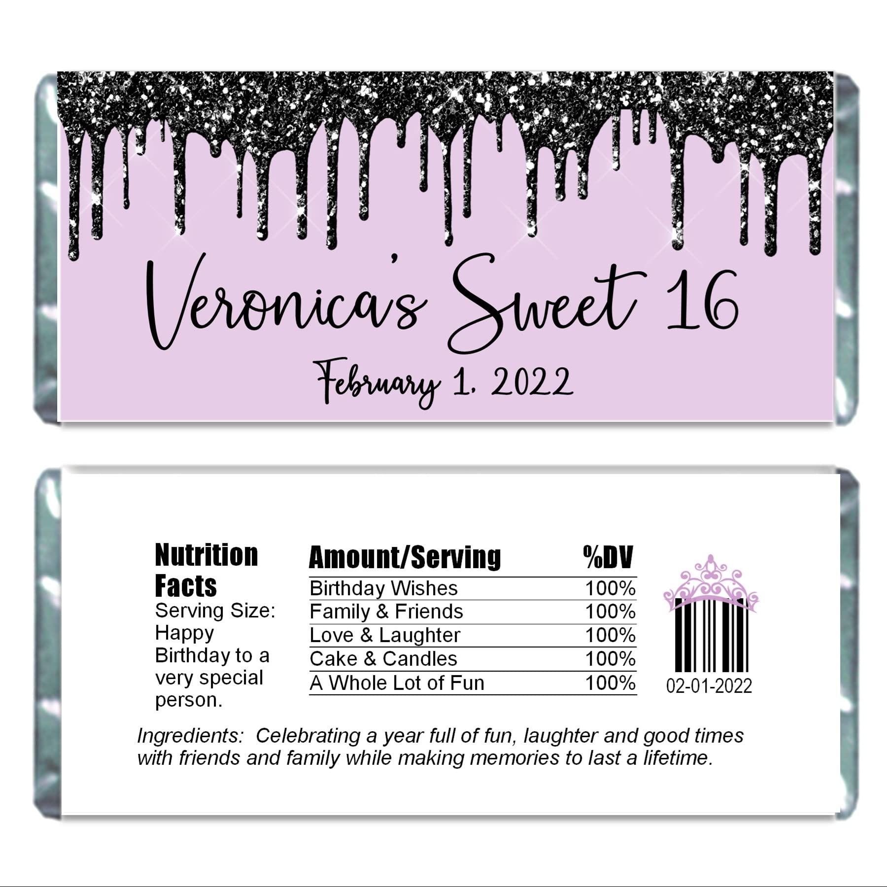 Personalized Glitter Drip Candy Bar Wrappers - 20 Pack Black & Lavender Chocolate Bar Labels for Birthday Parties, Baby Showers, Bridal Showers - Perfect for Wedding Favors, Gender Reveals & Special Events