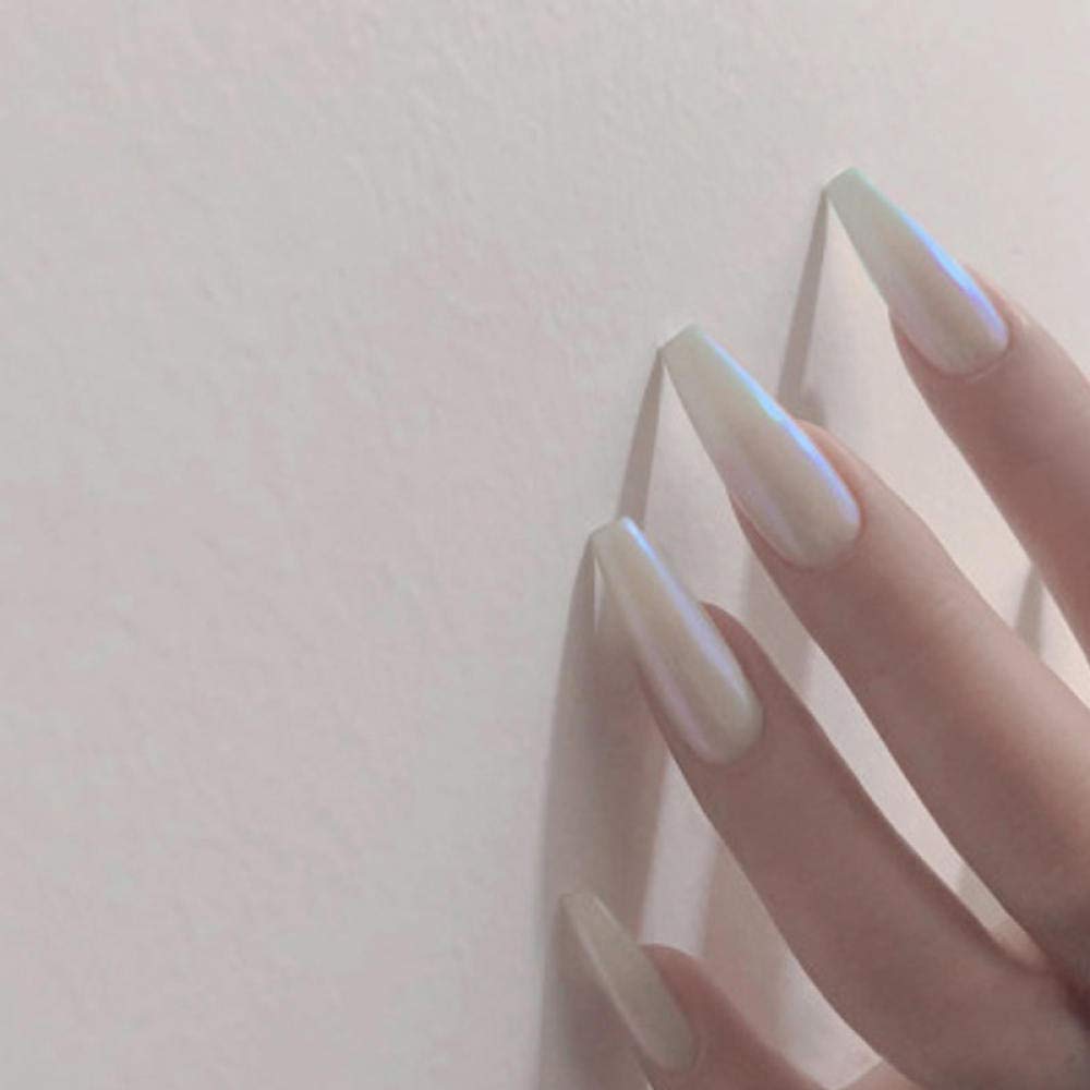 24pcs HUJL False Nails - Shiny White Super Long Ballerina Coffin Fake Nails with Aurora Neon Effect | Nail Extension Tools for Parties, Weddings & Special Occasions