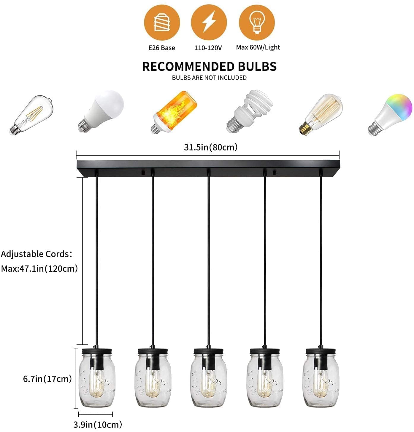 5-Lights Mason Jar Pendant Lighting - Farmhouse Glass Jar Ceiling Light Fixture for Kitchen Island, Dining Room, Farmhouse Decor - Perfect for Barn, Hallway & Stairway Lighting
