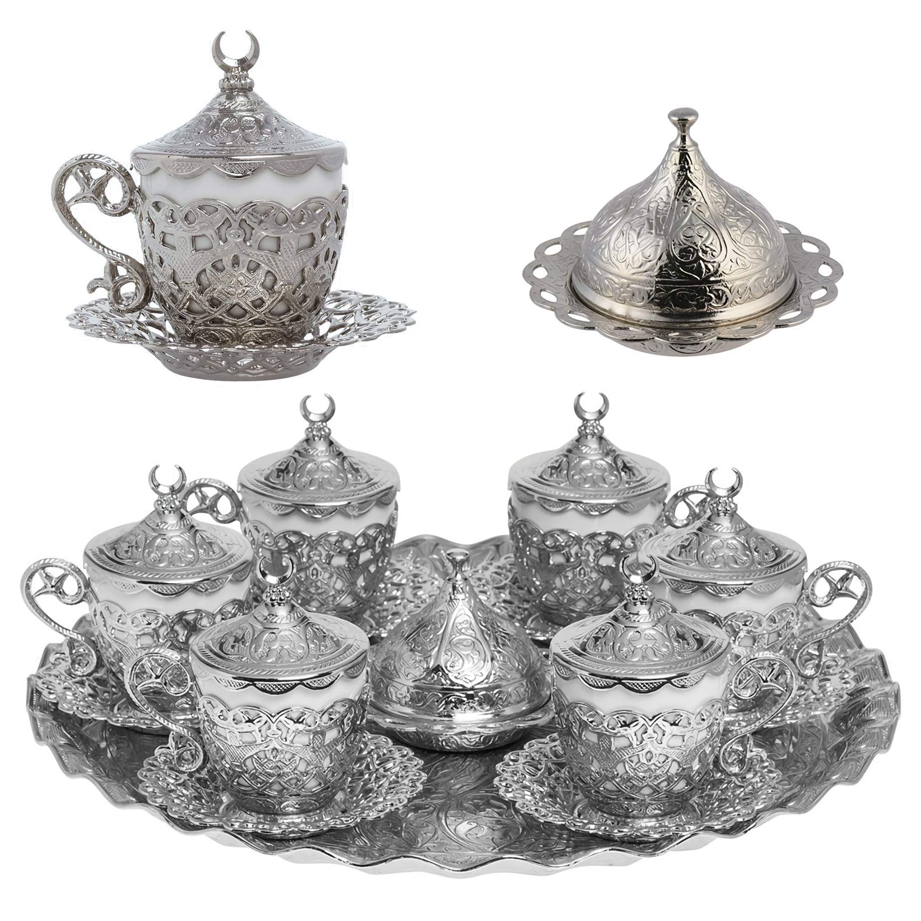 27-Piece Turkish Greek Arabic Coffee Espresso Cup & Saucer Set - Elegant Silver Floral (Gelincik) Design for Home, Cafe & Gift Giving - Perfect for Traditional Coffee Ceremonies & Entertaining Guests
