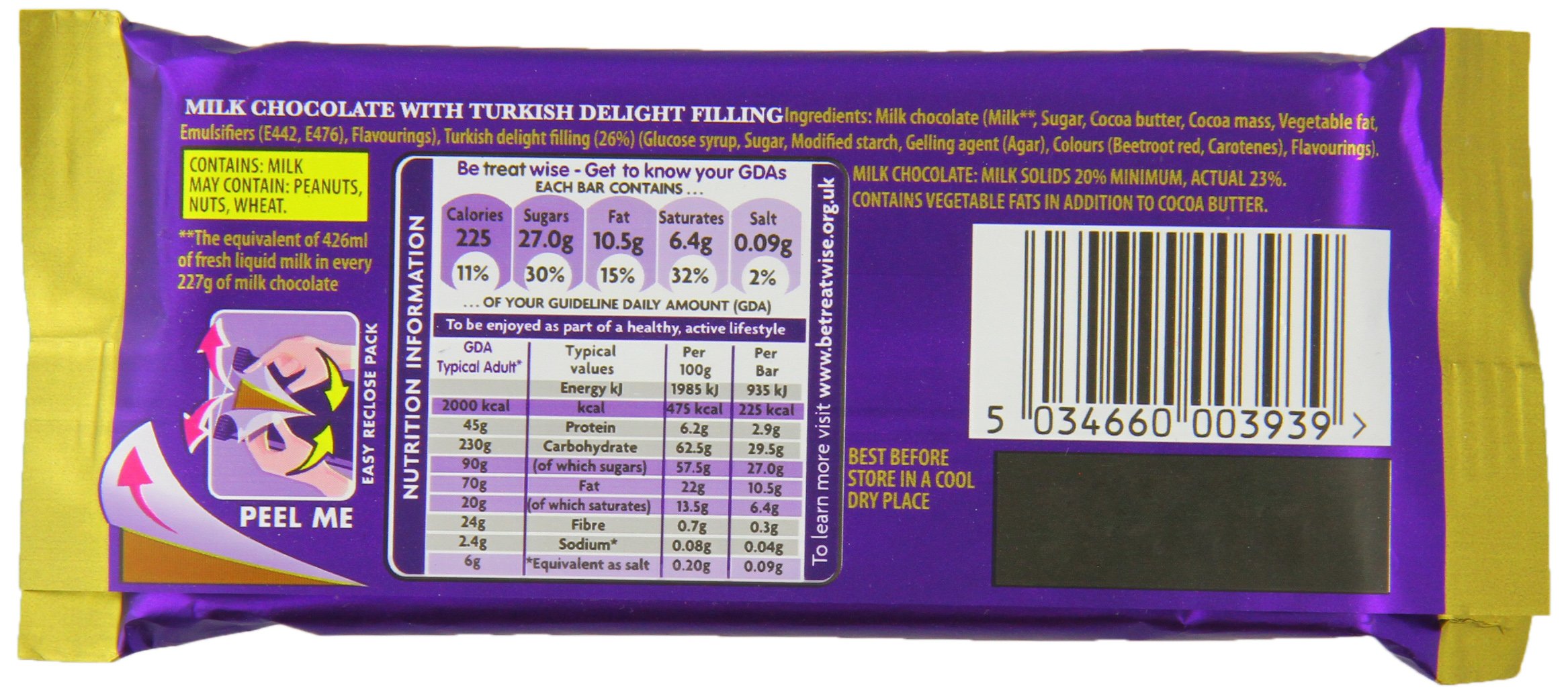 Cadbury Dairy Milk Turkish Delight Chocolate Bar - 50g (Pack of 24) | Rich Milk Chocolate with Turkish Delight Filling | Perfect for Gifts, Parties & Sweet Treats