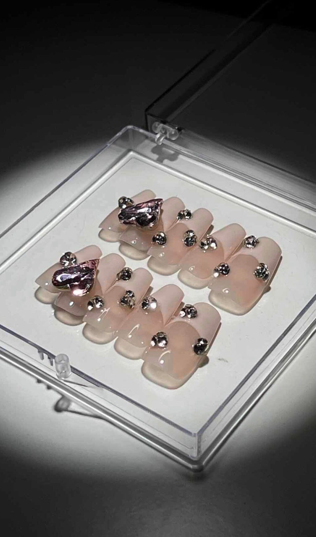 Pink Heart Crystal French Press On Nails - Long Lasting Fake Nails for Women - Perfect for Parties, Weddings & Special Occasions