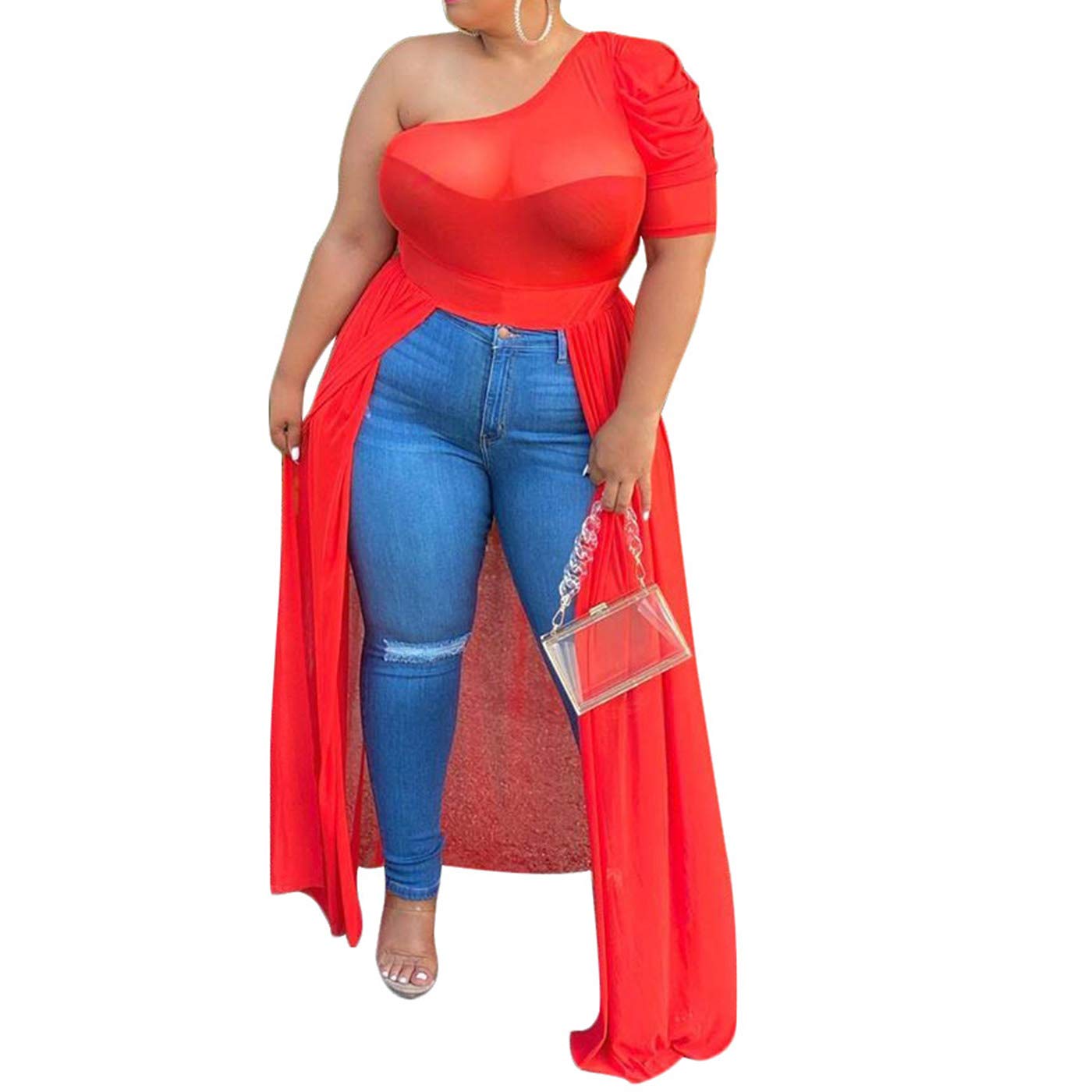 Plus Size Women's High Low Tops - Mesh See-Through Puff Sleeve Off-Shoulder Asymmetrical Tunic Dress for Casual Wear, Parties & Special Occasions