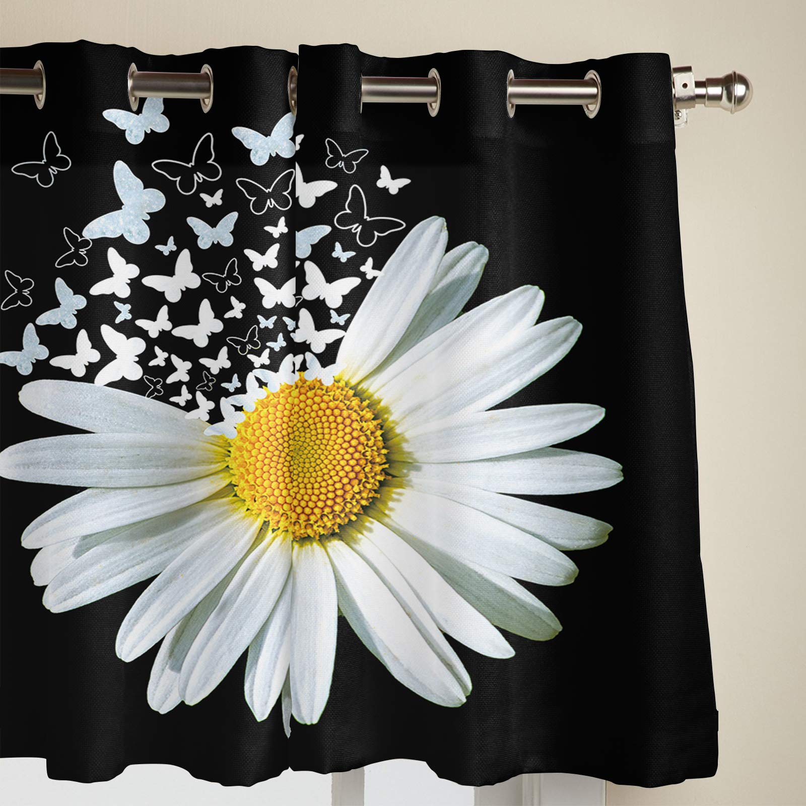 Sheer Curtains with White Daisy Floral and Butterfly Design on Black Background - 2 Panels, 39 Inch Length, Grommet Top for Easy Hanging - Perfect for Kitchen, Living Room, Bedroom, Patio, and Sliding Glass Door Window Treatments