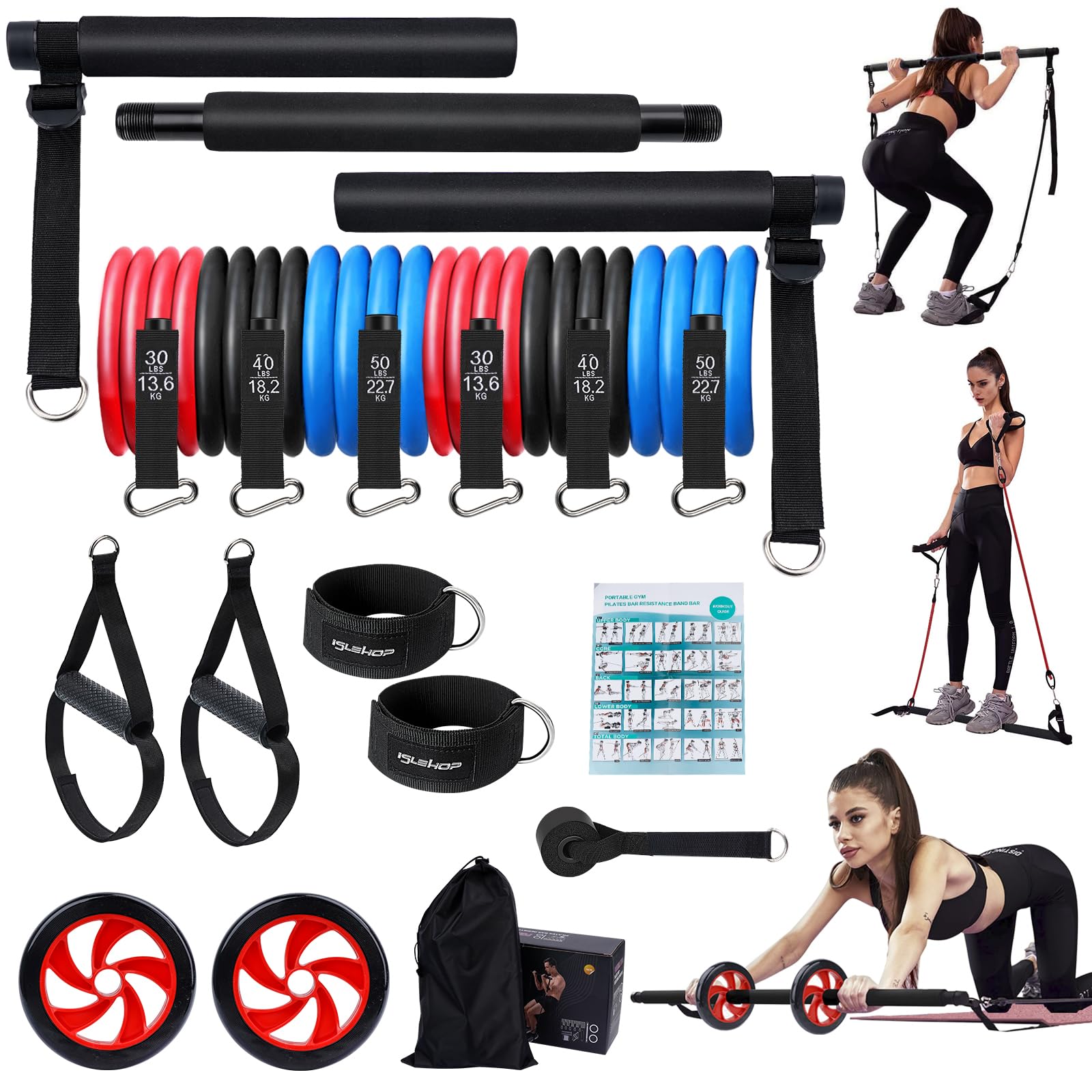 Pilates Bar Kit with 6 Resistance Bands (30,40,50lbs) - Portable Home Gym Equipment for Men & Women - Yoga Exercise Bar Set for Weight Squats, Thighs & Glutes - Perfect for Home Workouts, Yoga, Pilates & Strength Training