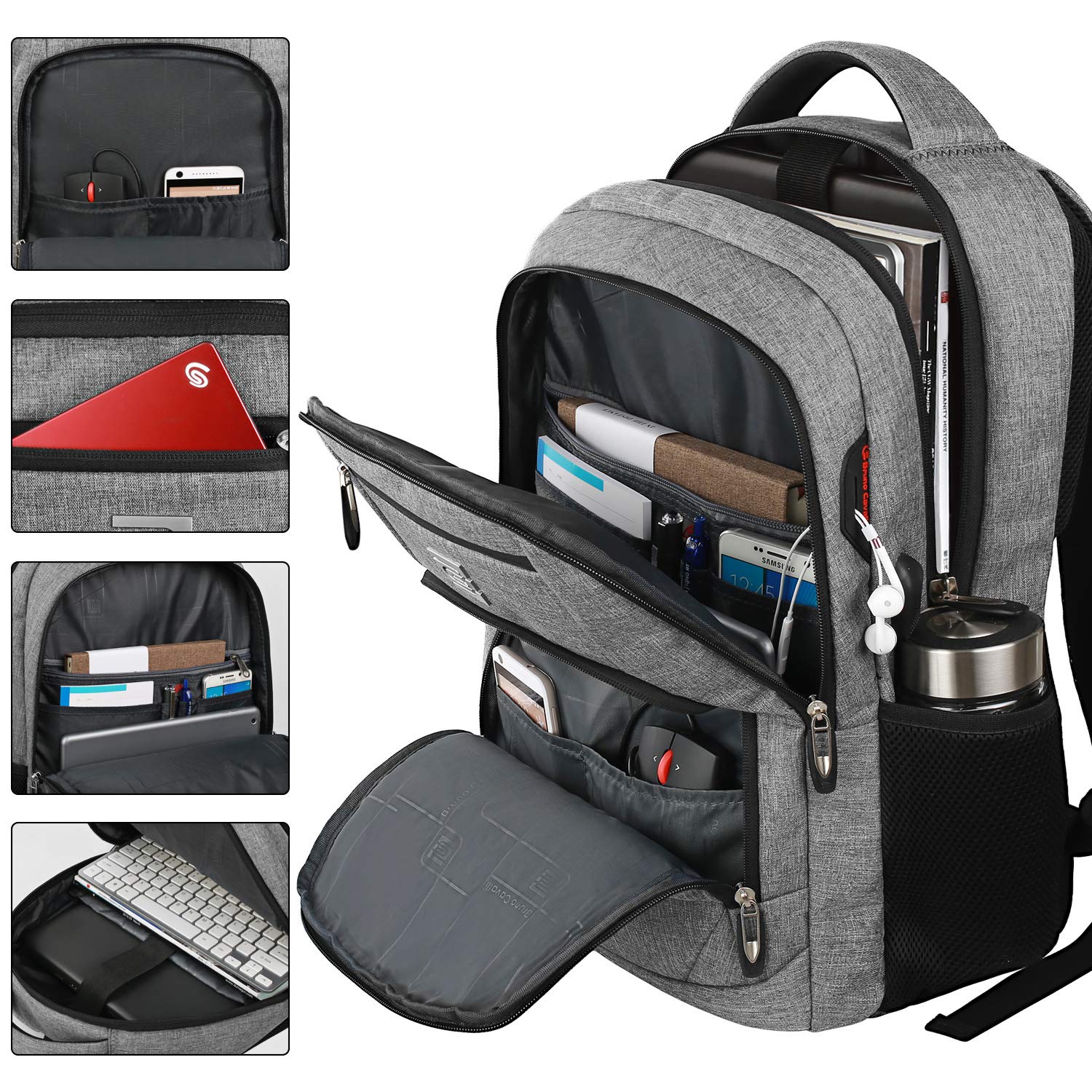 Laptop Backpack for Business Travel - Anti-Theft Slim Durable USB Charging Port Water Resistant College Computer Bag for Women & Men Fits 15.6 Inch Laptop & Notebook - Grey - Ideal for Commuting, Work & School