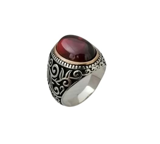 Natural Garnet Silver Ring for Men - 925 Sterling Silver Statement Ring, Promise Ring, Gemstone Jewelry - Perfect Gift for Him, Wedding, Party & Special Occasions