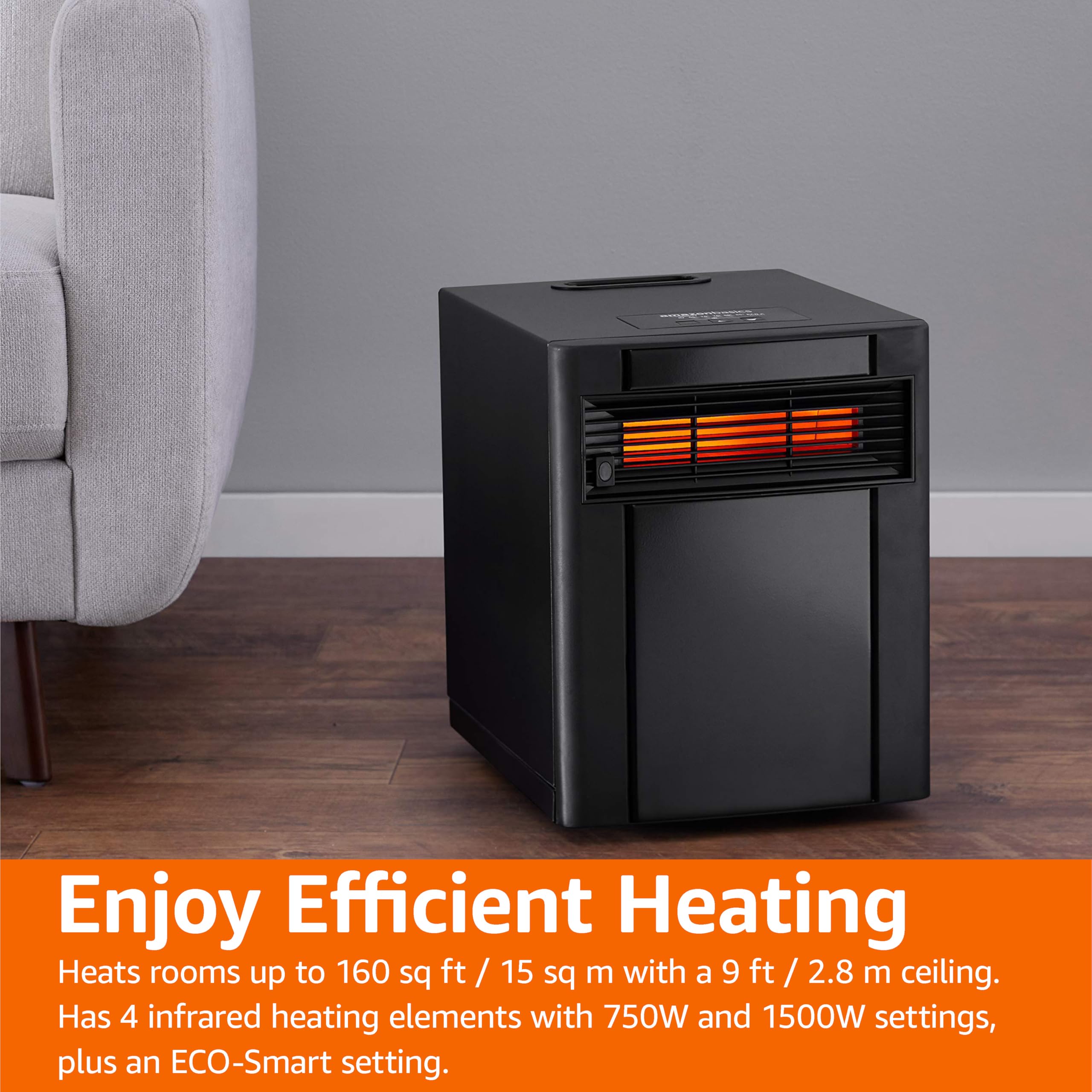 Amazon Basics 1500W Portable Space Heater with Remote Control - Adjustable Thermostat, LED Display & ECO Mode - Compact 11.4x14.5x14.7 Inch Black Heater for Bedroom, Office & Small Spaces