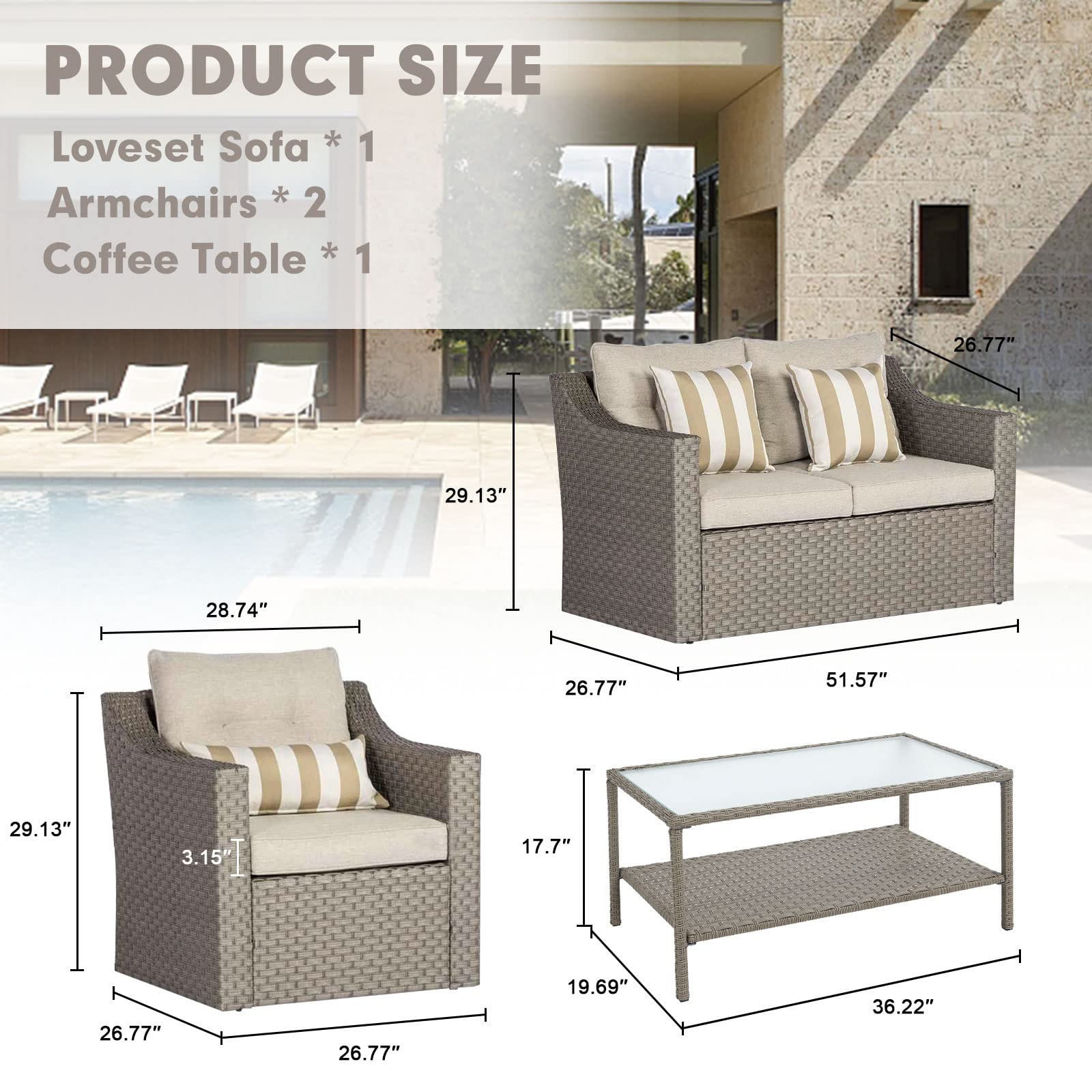 **Crownland 4-Piece Outdoor Patio Furniture Set - All-Weather Wicker Sofa with Beige Cushions & Tempered Glass Coffee Table (Grey) - Perfect for Garden, Poolside, and Backyard Relaxation**