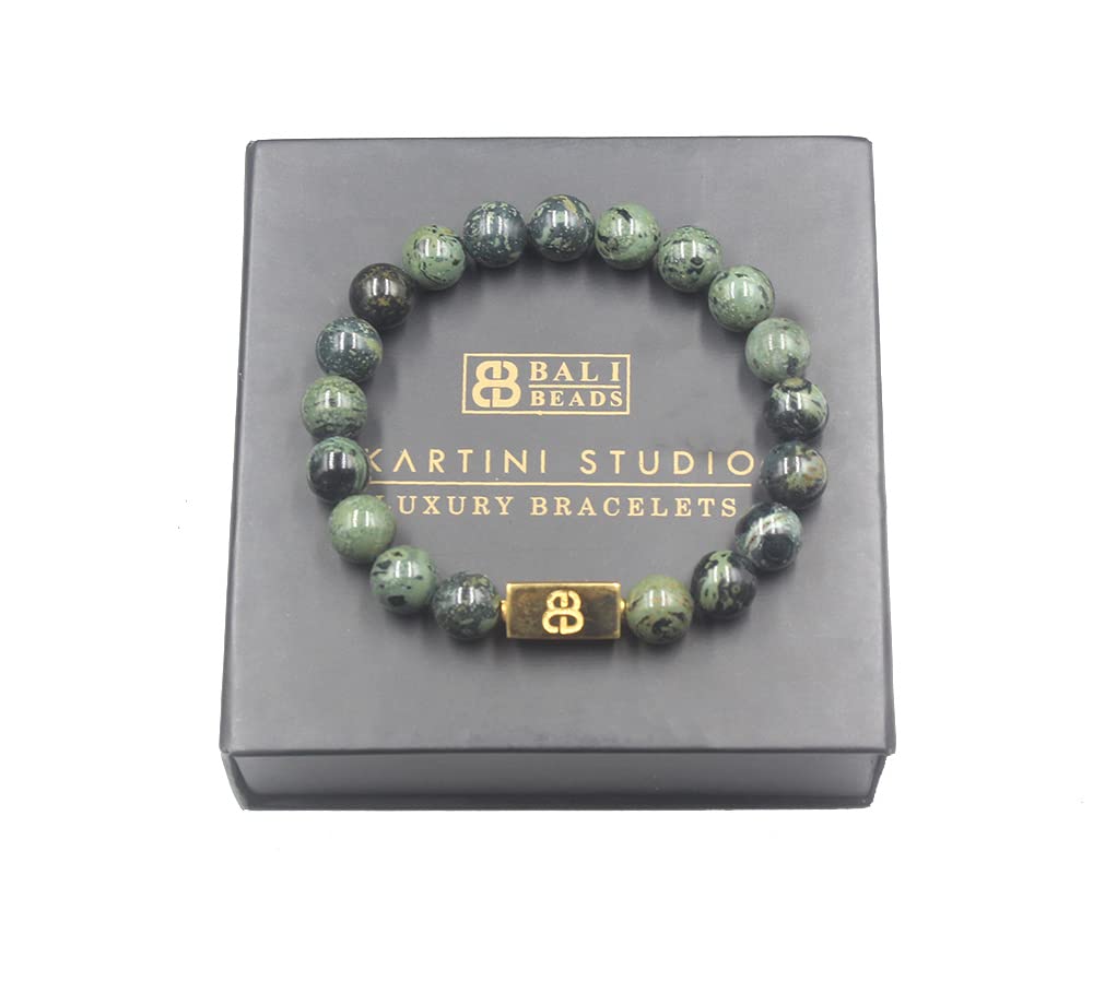 Premium Men's Dark Green Jade & Gold Bead Bracelet - Handcrafted Natural Jade Stone Beaded Jewelry for Men - Perfect for Gifts, Meditation & Spiritual Healing