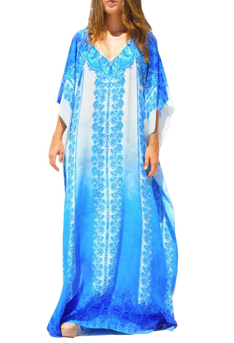 Elegant Women's Long Tunic Kaftan Maxi Dress with Batwing 3/4 Sleeves - Plus Size Summer Beach Cover Up Dress for Vacation, Pool Party & Boho Chic Outfits