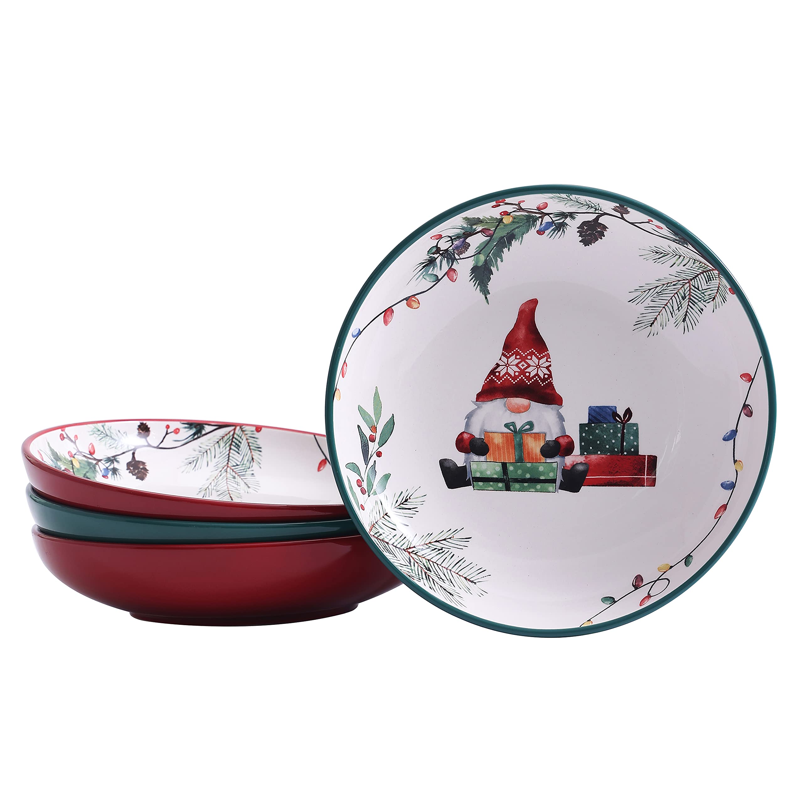 Bico Christmas Gnomes Ceramic 35oz Dinner Bowls Set of 4 - Pasta, Salad, Cereal & Soup Bowls - Microwave & Dishwasher Safe - Perfect for Holiday Dining, Family Gatherings & Festive Table Settings